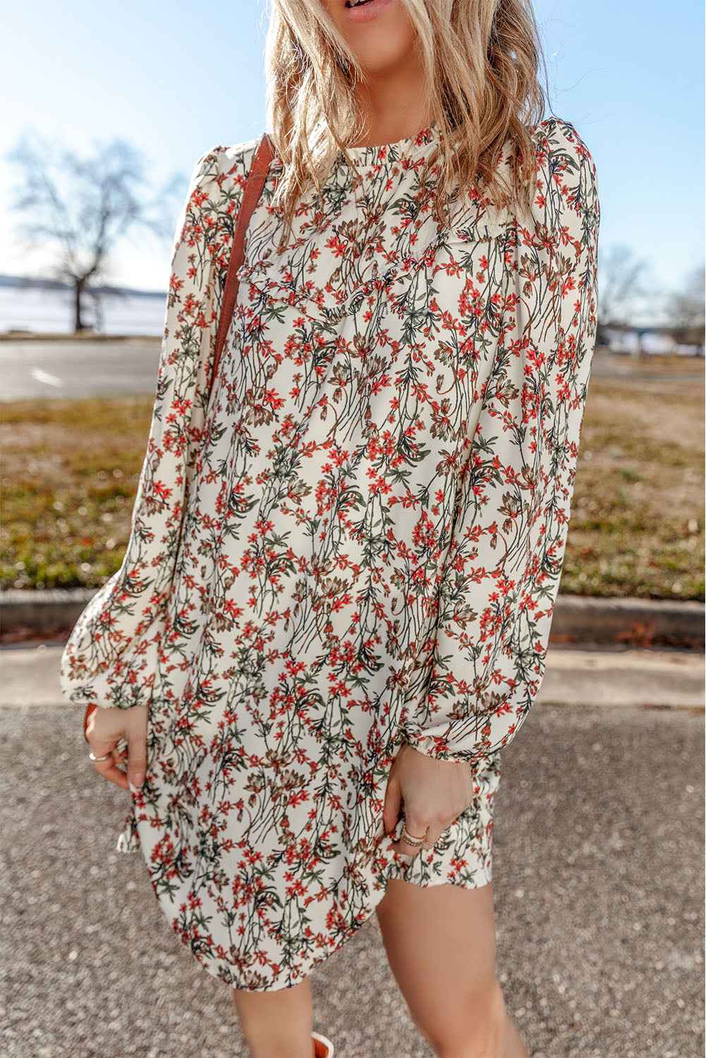 White Floral Printed Long Sleeve Mini Dress by Wild and Free Boutique