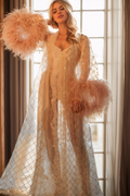 Luxury Feather-Trimmed Sheer Lace Bridal Robe Set with Embellished Details by SelenaHuanStudio