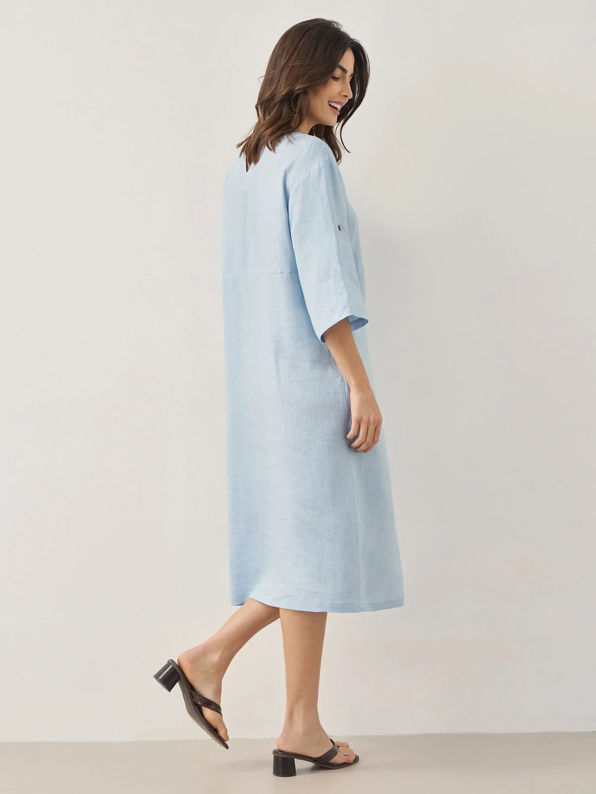 100% Linen Round Neck Button Detail Midi Dress JELENA by LINTICO