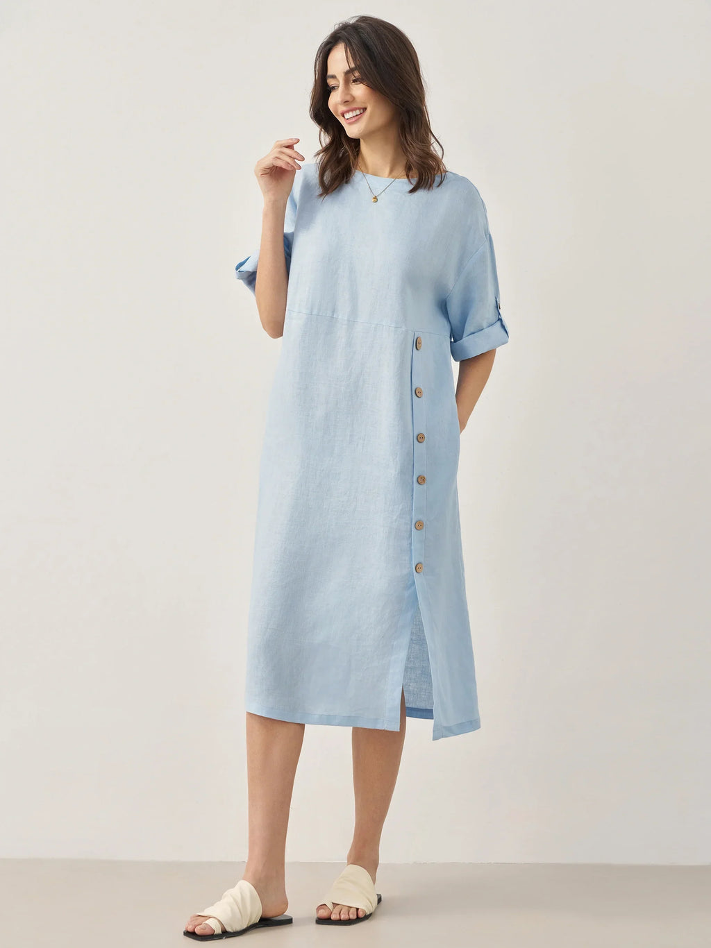 100% Linen Round Neck Button Detail Midi Dress JELENA by LINTICO