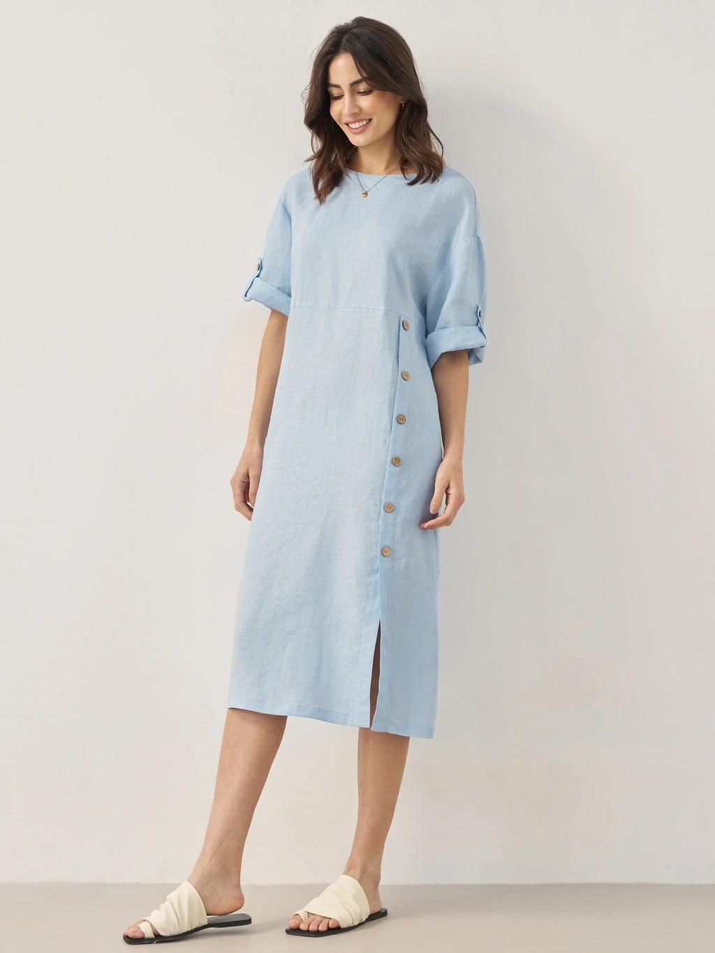 100% Linen Round Neck Button Detail Midi Dress JELENA by LINTICO