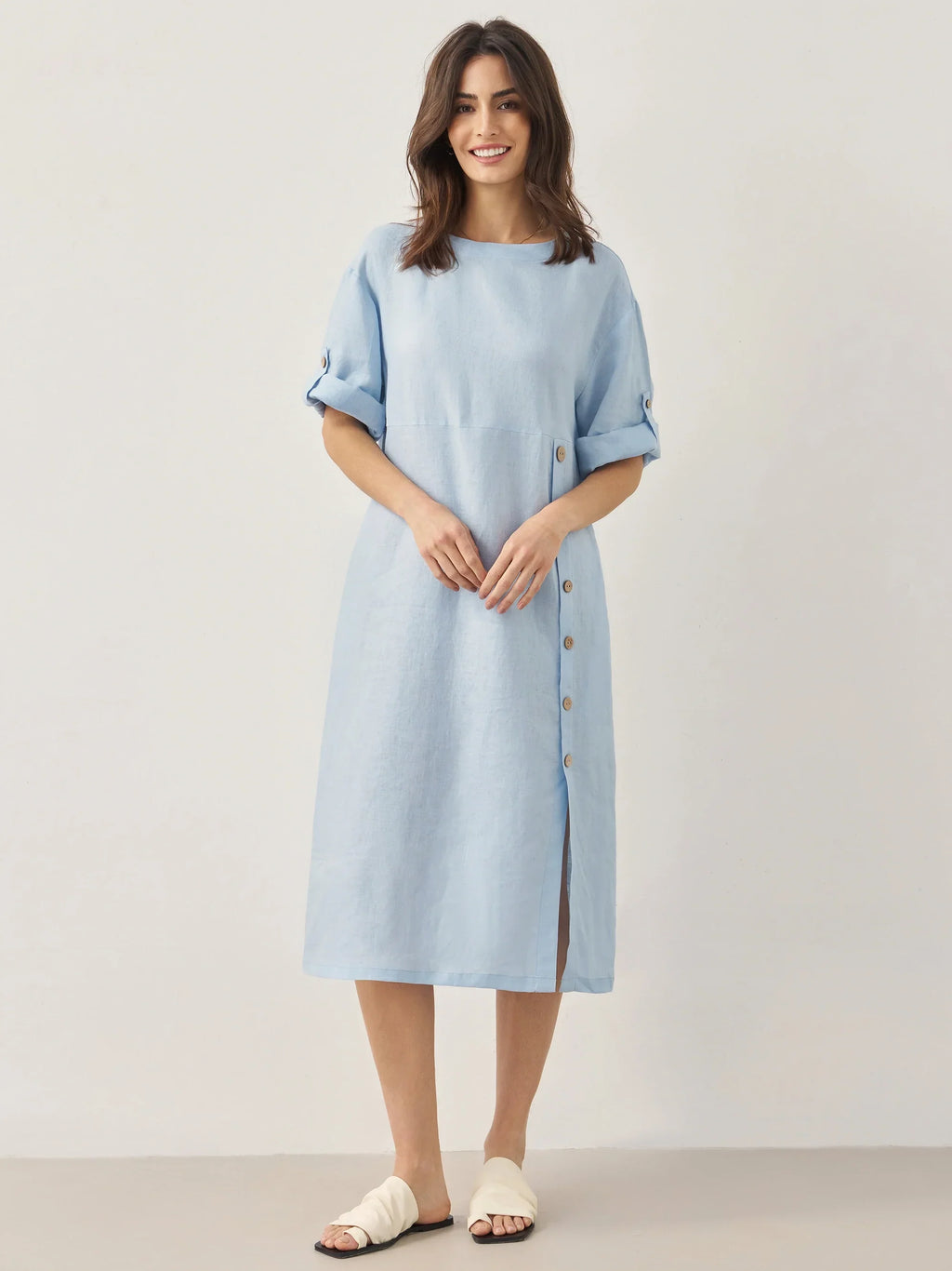 100% Linen Round Neck Button Detail Midi Dress JELENA by LINTICO