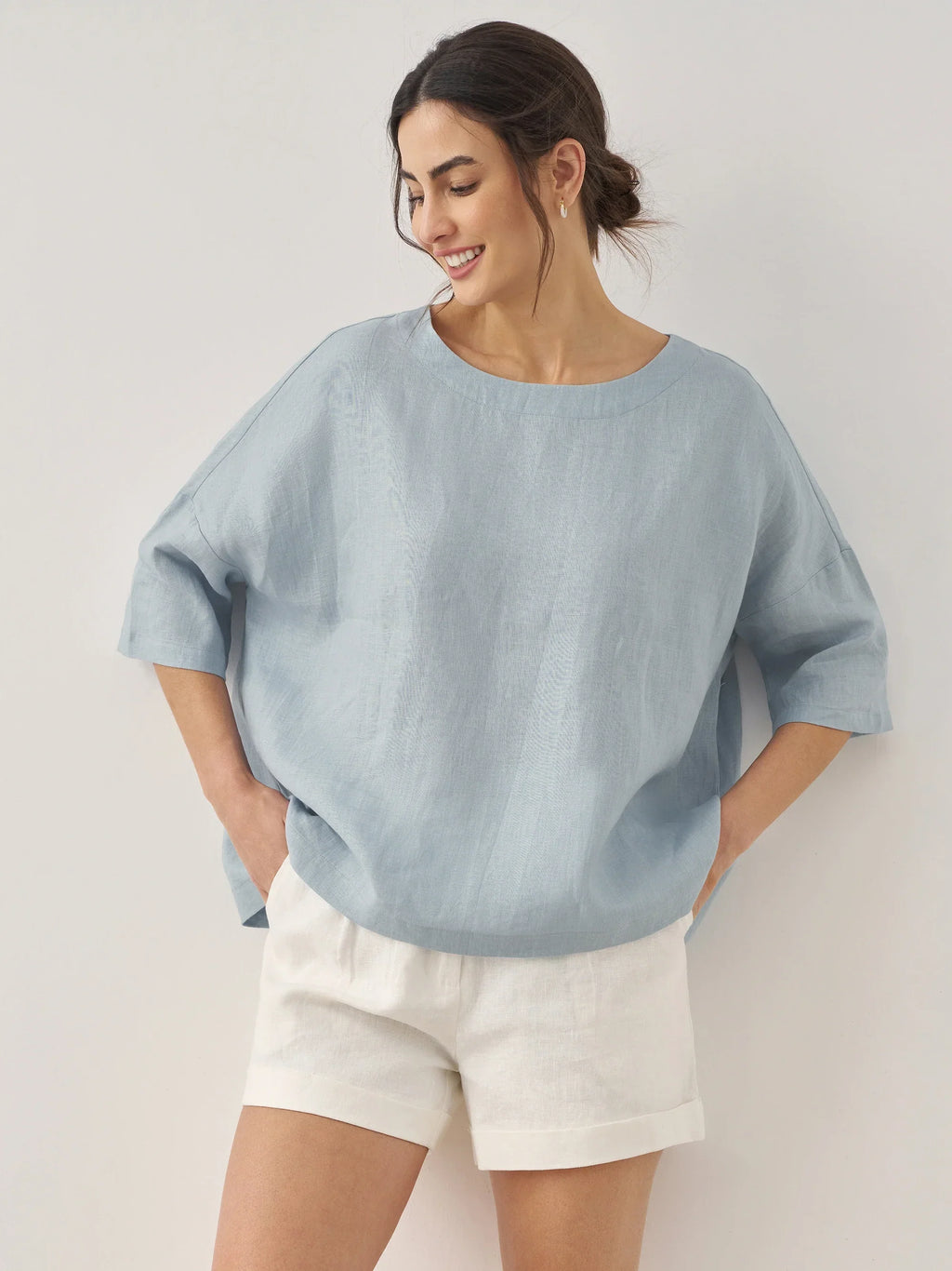 100% Linen Boatneck 3/4 Length Sleeve Top AURORA by LINTICO