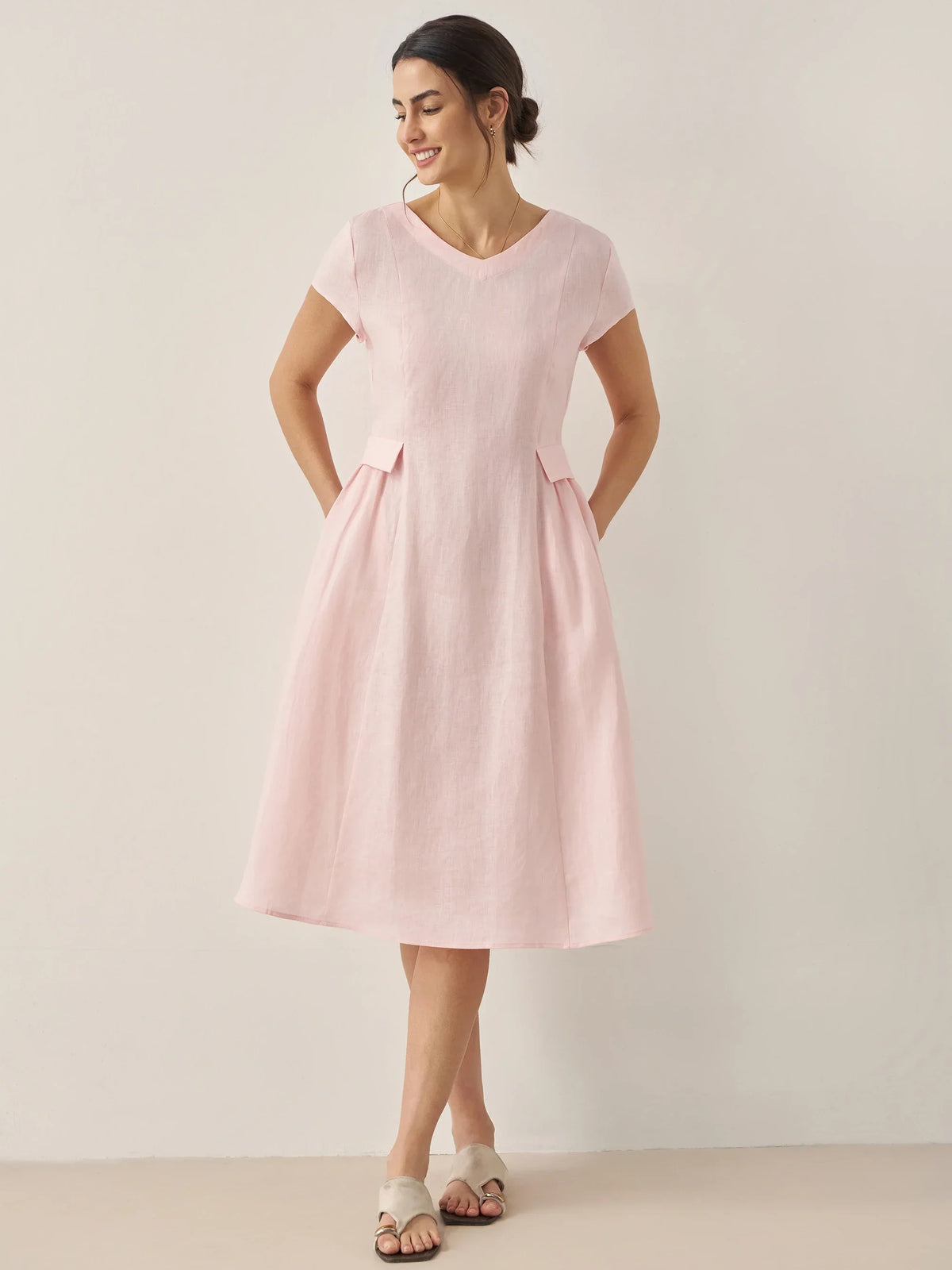 100% Linen Natural Summer V-Neck Dress ALEXA by LINTICO