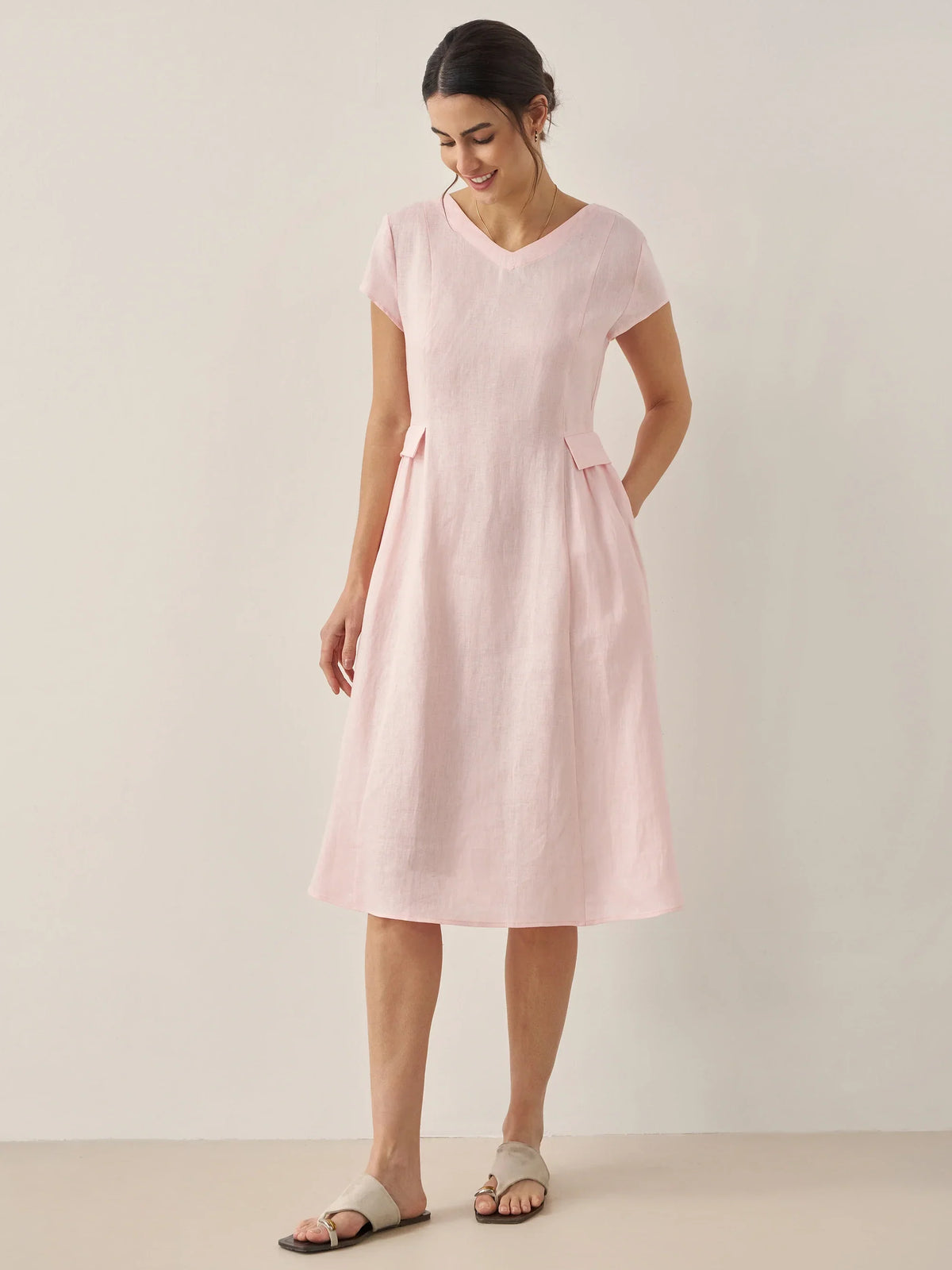 100% Linen Natural Summer V-Neck Dress ALEXA by LINTICO