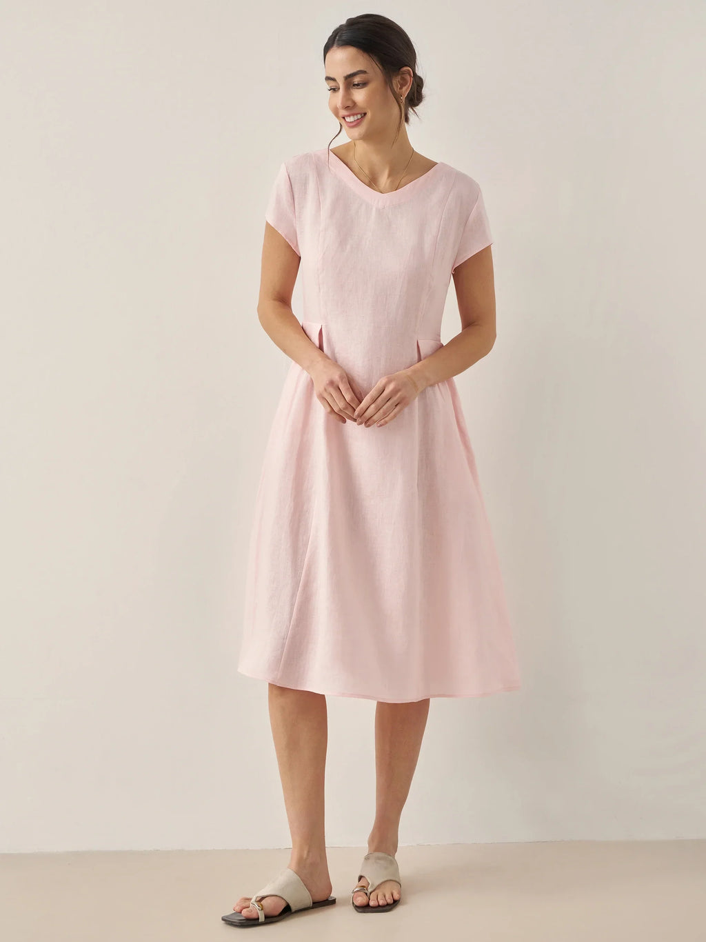 100% Linen Natural Summer V-Neck Dress ALEXA by LINTICO