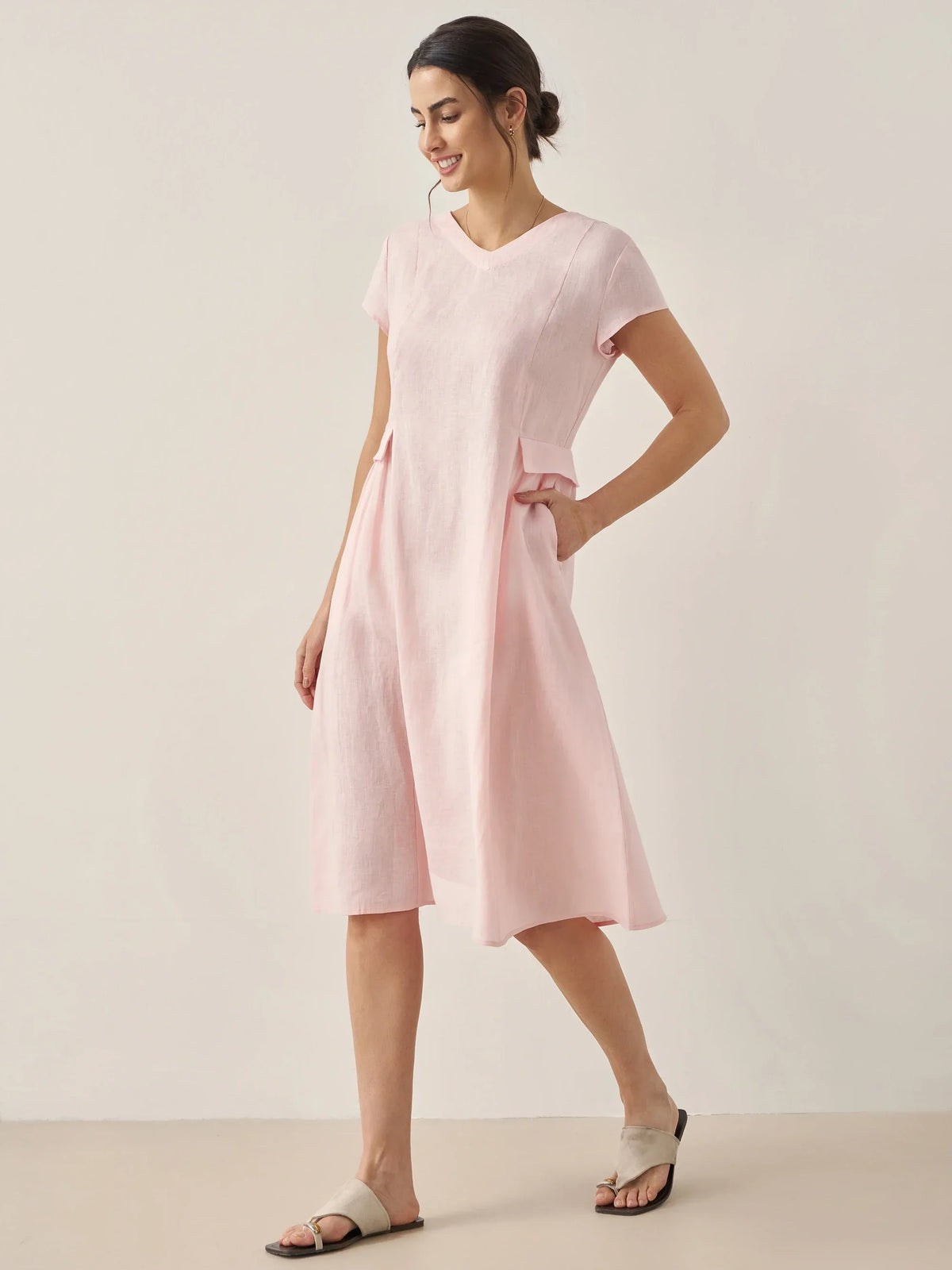 100% Linen Natural Summer V-Neck Dress ALEXA by LINTICO