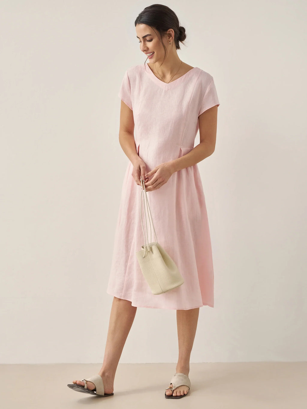 100% Linen Natural Summer V-Neck Dress ALEXA by LINTICO