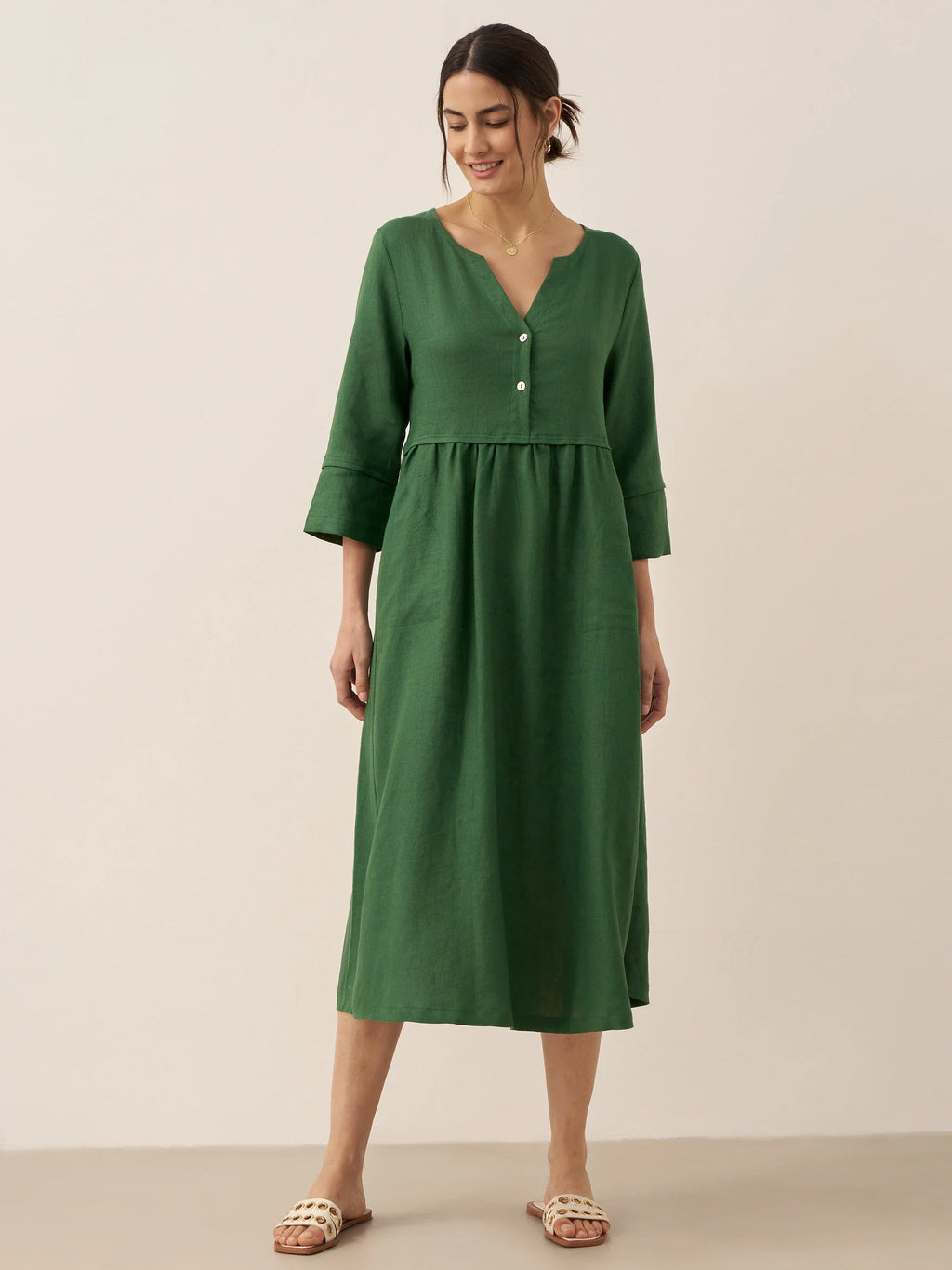 100% Linen Loose Fit Button Waist Gathered Midi Dress LUNA by LINTICO
