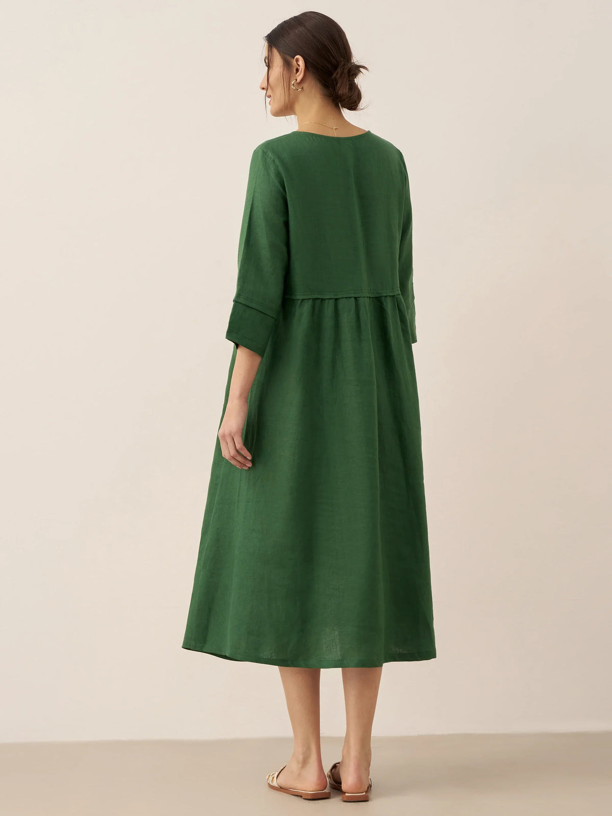 100% Linen Loose Fit Button Waist Gathered Midi Dress LUNA by LINTICO