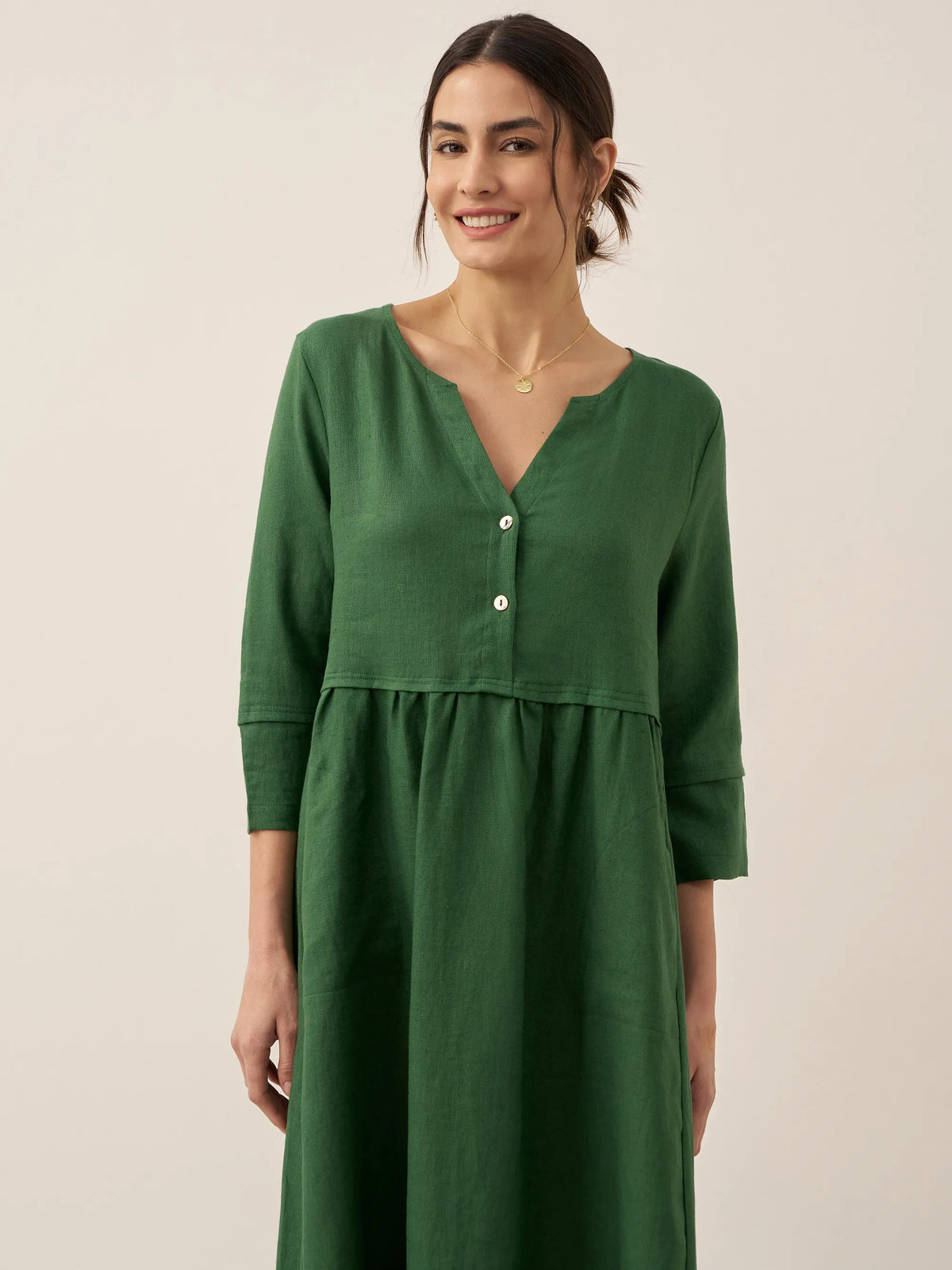 100% Linen Loose Fit Button Waist Gathered Midi Dress LUNA by LINTICO