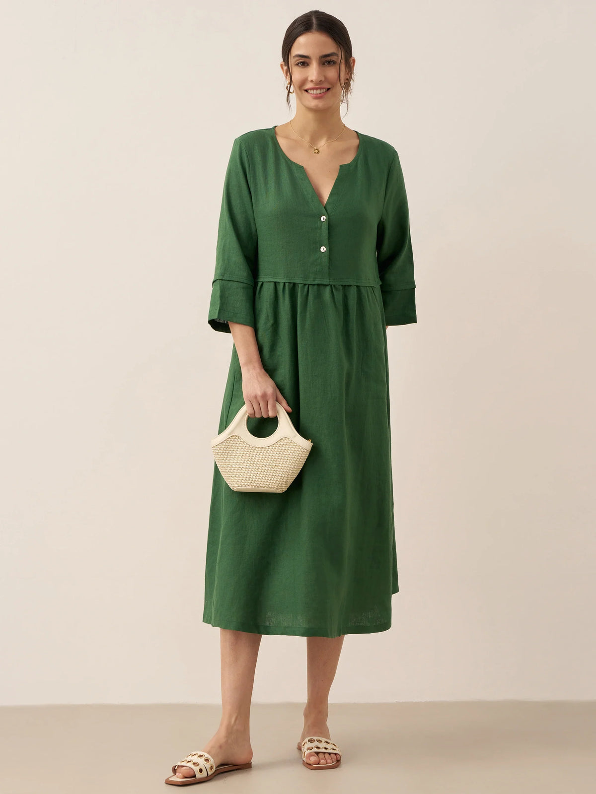 100% Linen Loose Fit Button Waist Gathered Midi Dress LUNA by LINTICO