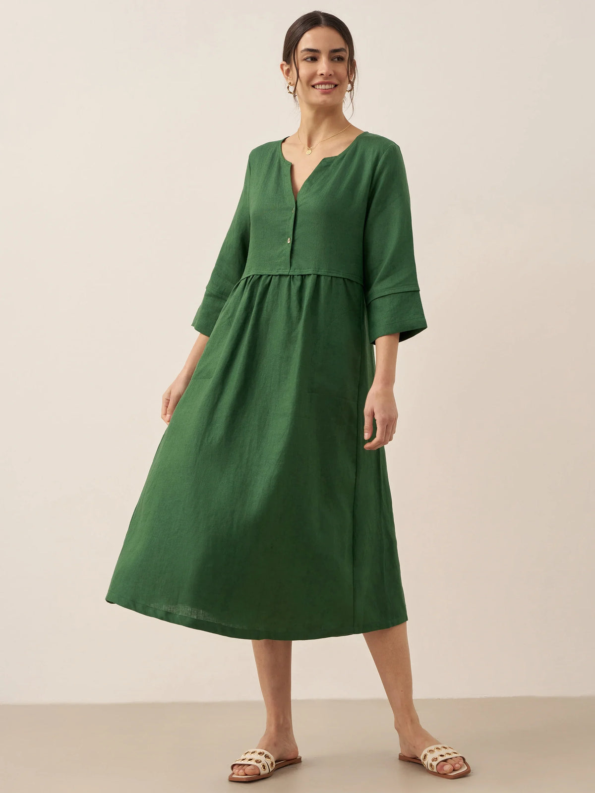 100% Linen Loose Fit Button Waist Gathered Midi Dress LUNA by LINTICO