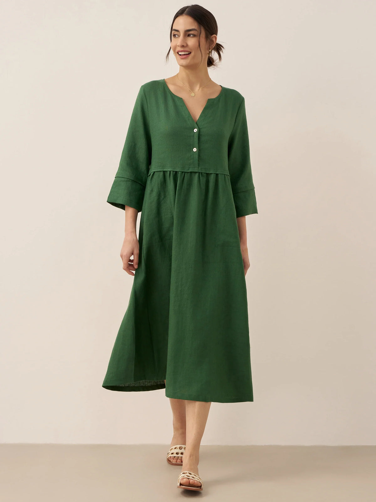 100% Linen Loose Fit Button Waist Gathered Midi Dress LUNA by LINTICO