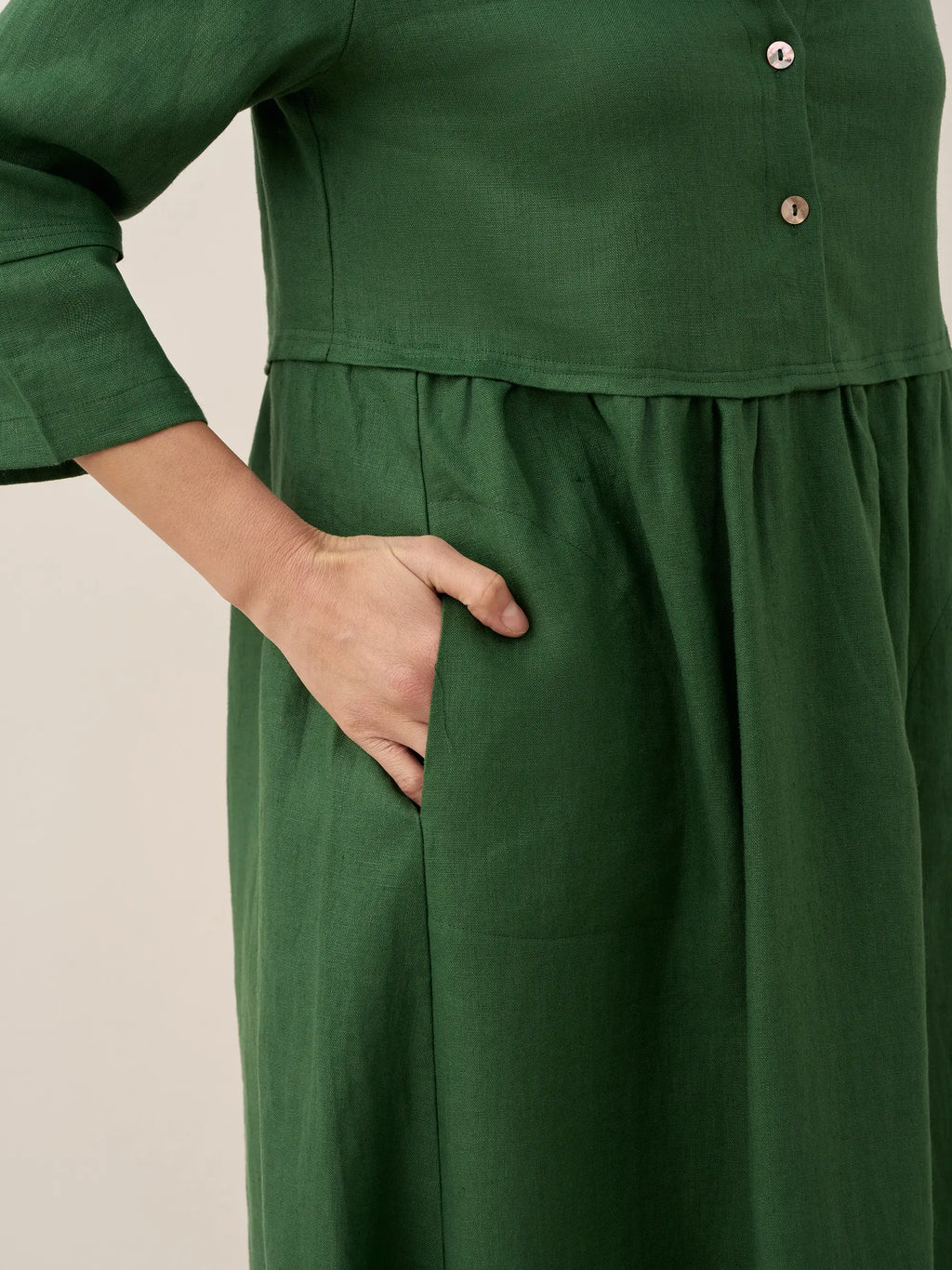100% Linen Loose Fit Button Waist Gathered Midi Dress LUNA by LINTICO