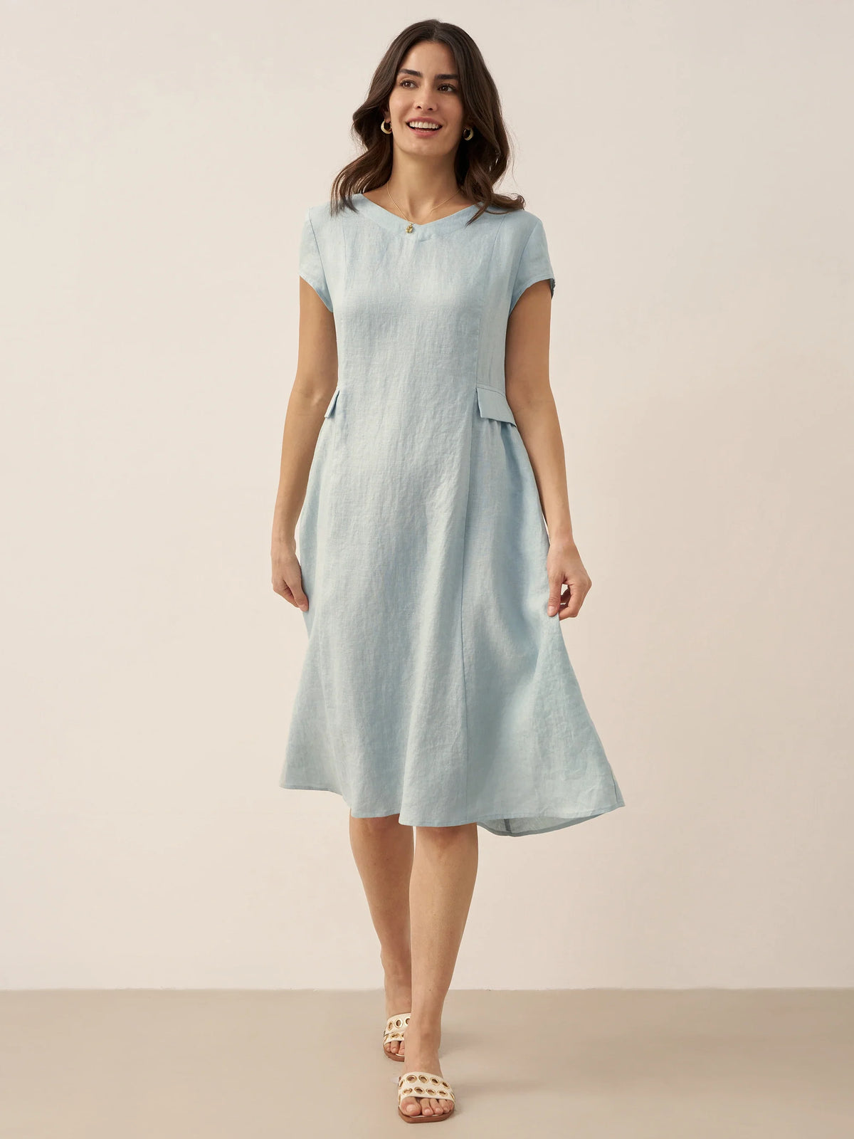 100% Linen Natural Summer V-Neck Dress ALEXA by LINTICO