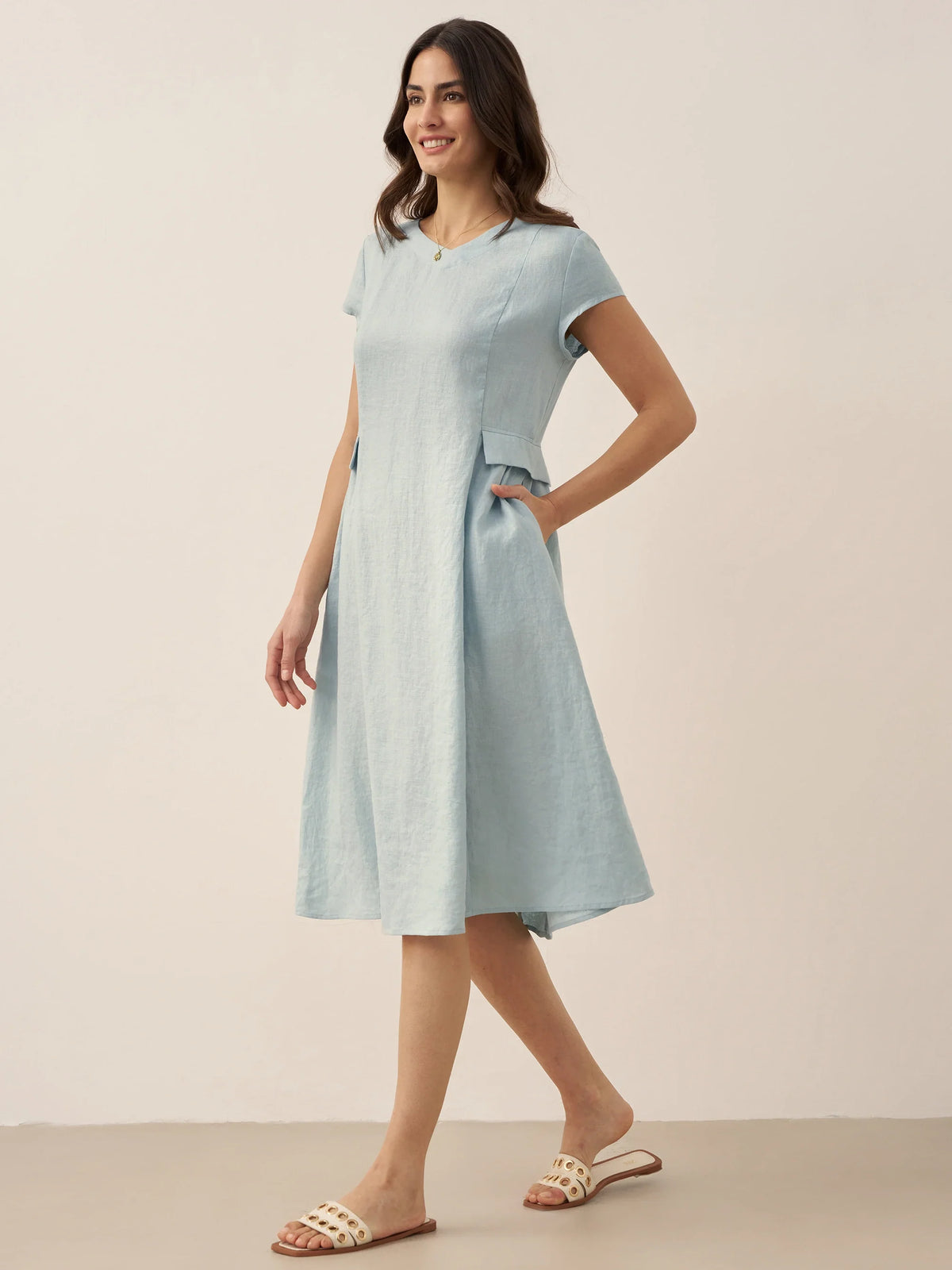 100% Linen Natural Summer V-Neck Dress ALEXA by LINTICO