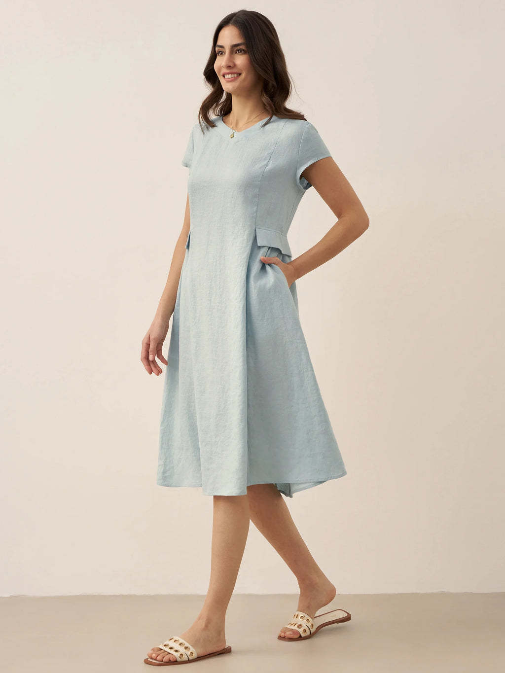 100% Linen Natural Summer V-Neck Dress ALEXA by LINTICO