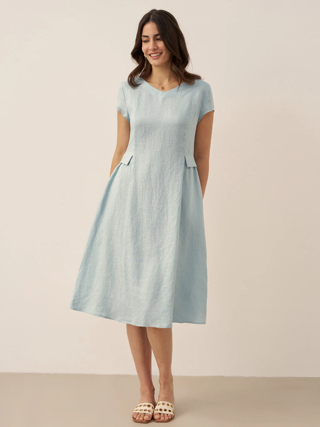 100% Linen Natural Summer V-Neck Dress ALEXA by LINTICO