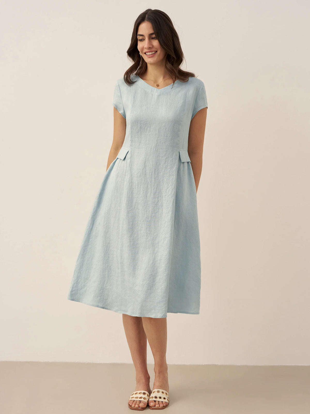 100% Linen Natural Summer V-Neck Dress ALEXA by LINTICO