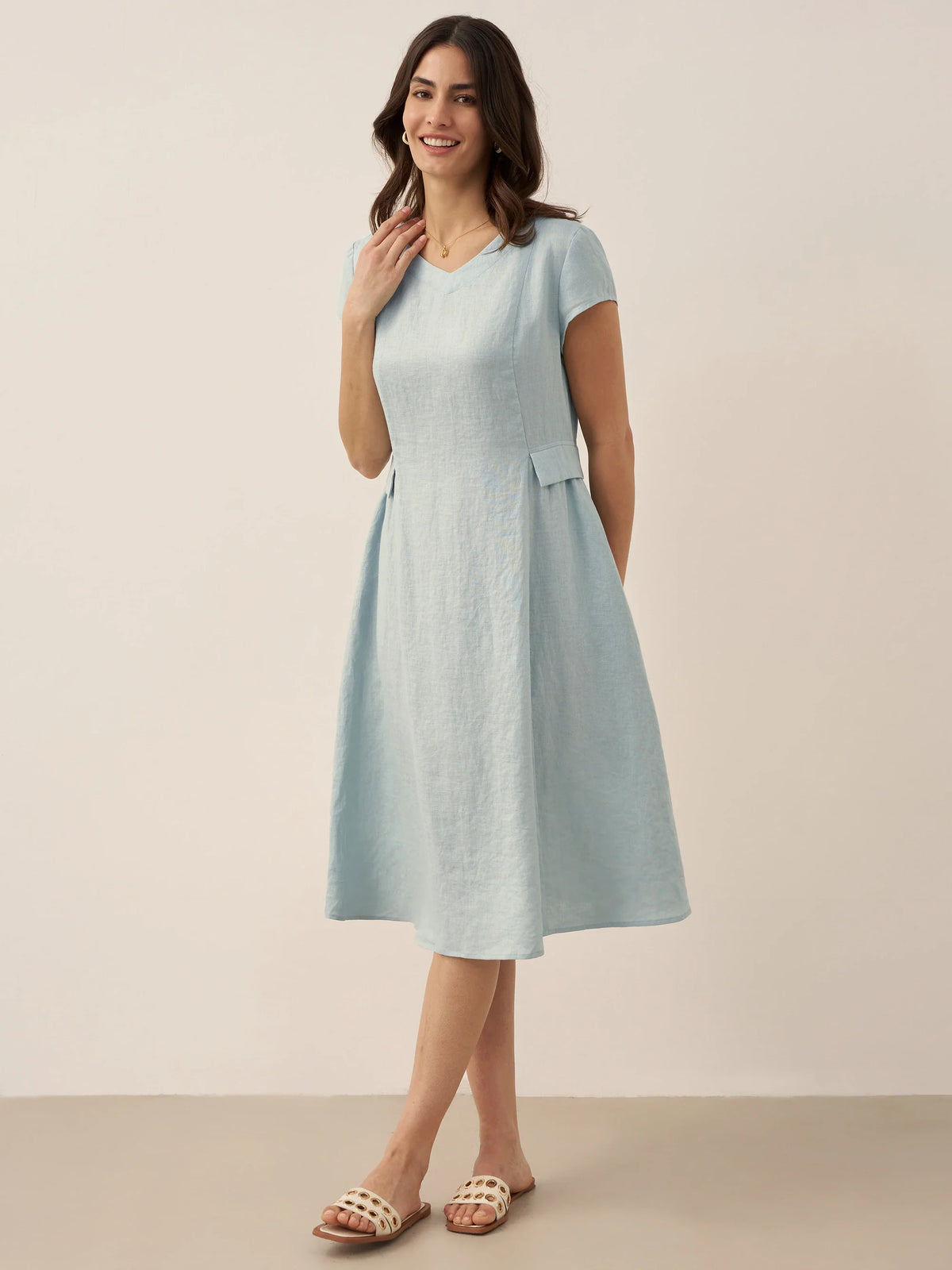 100% Linen Natural Summer V-Neck Dress ALEXA by LINTICO