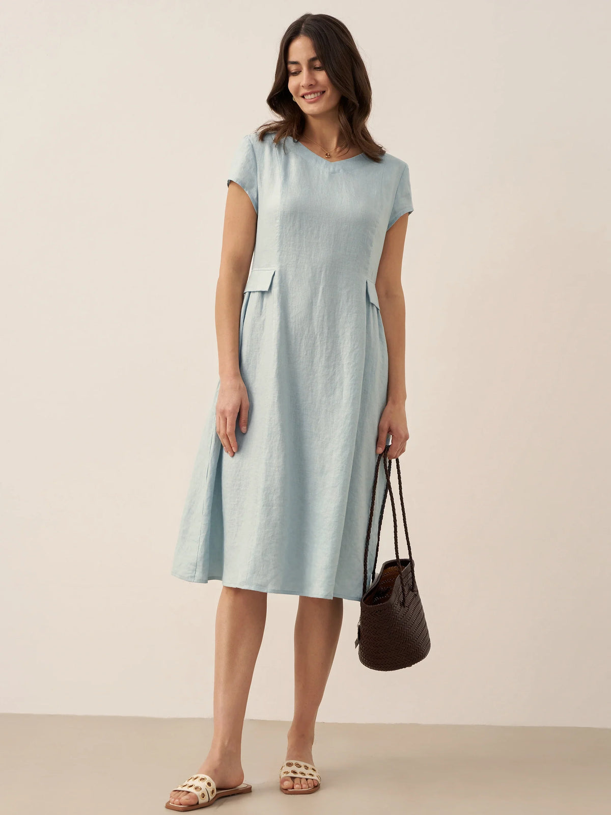 100% Linen Natural Summer V-Neck Dress ALEXA by LINTICO