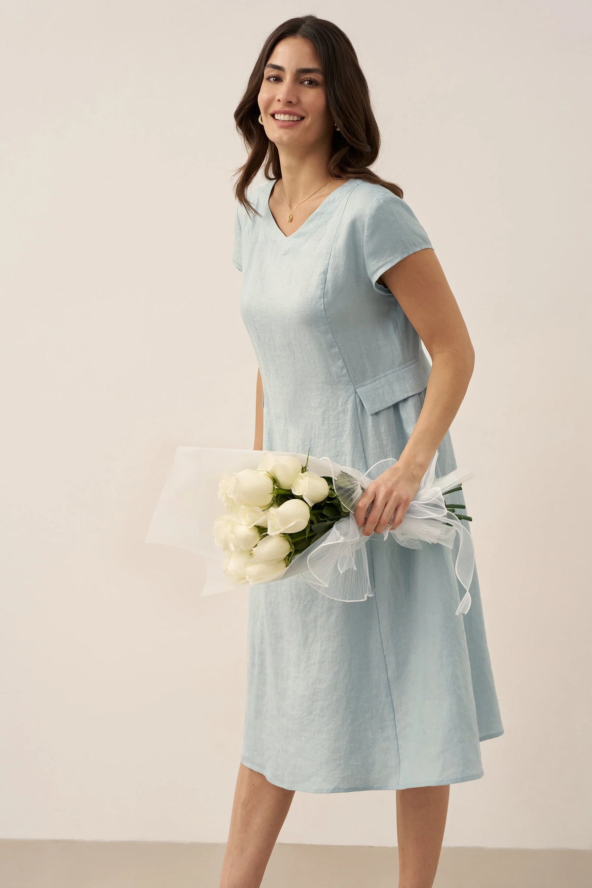 100% Linen Natural Summer V-Neck Dress ALEXA by LINTICO