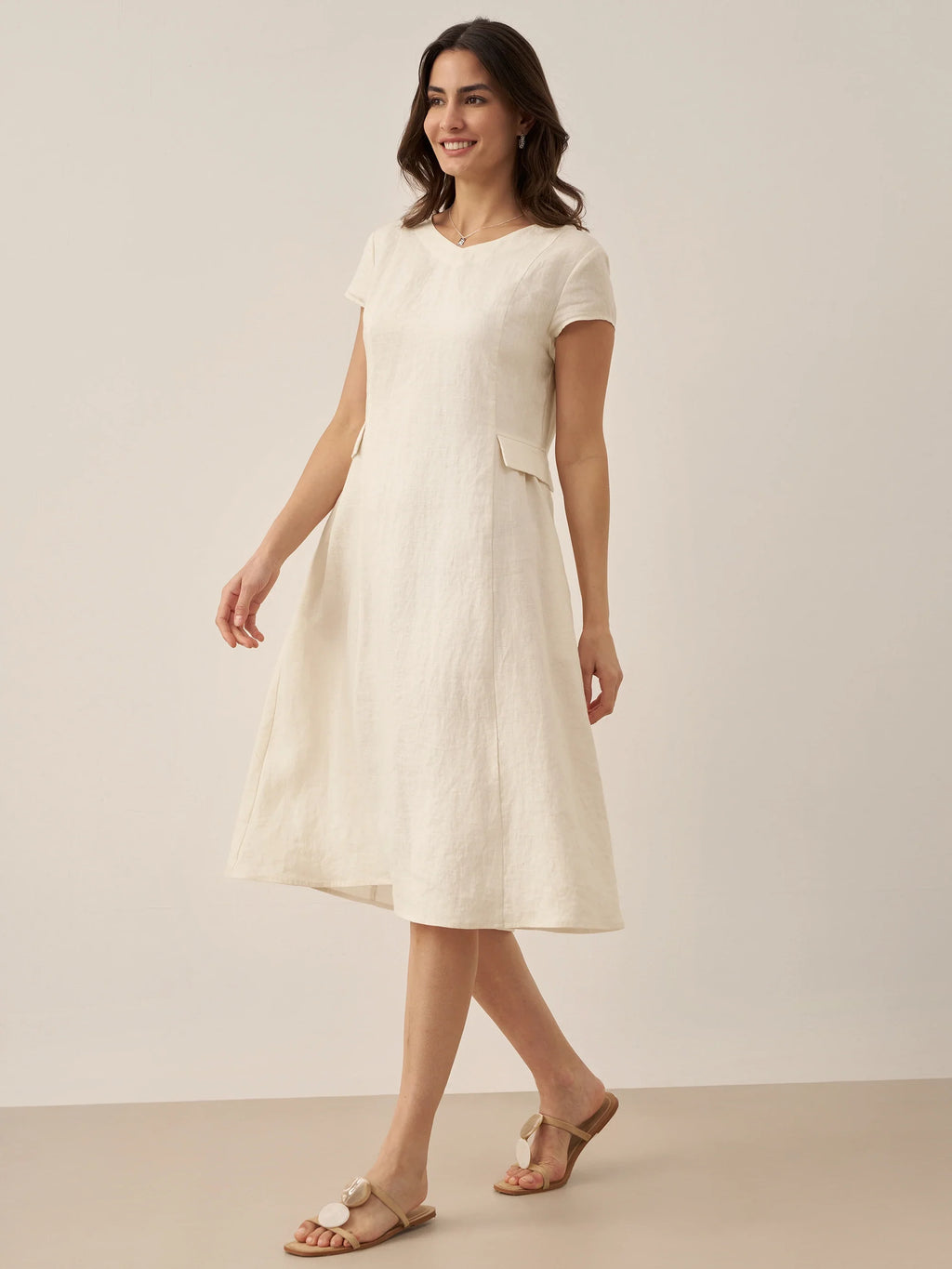 100% Linen Natural Summer V-Neck Dress ALEXA by LINTICO
