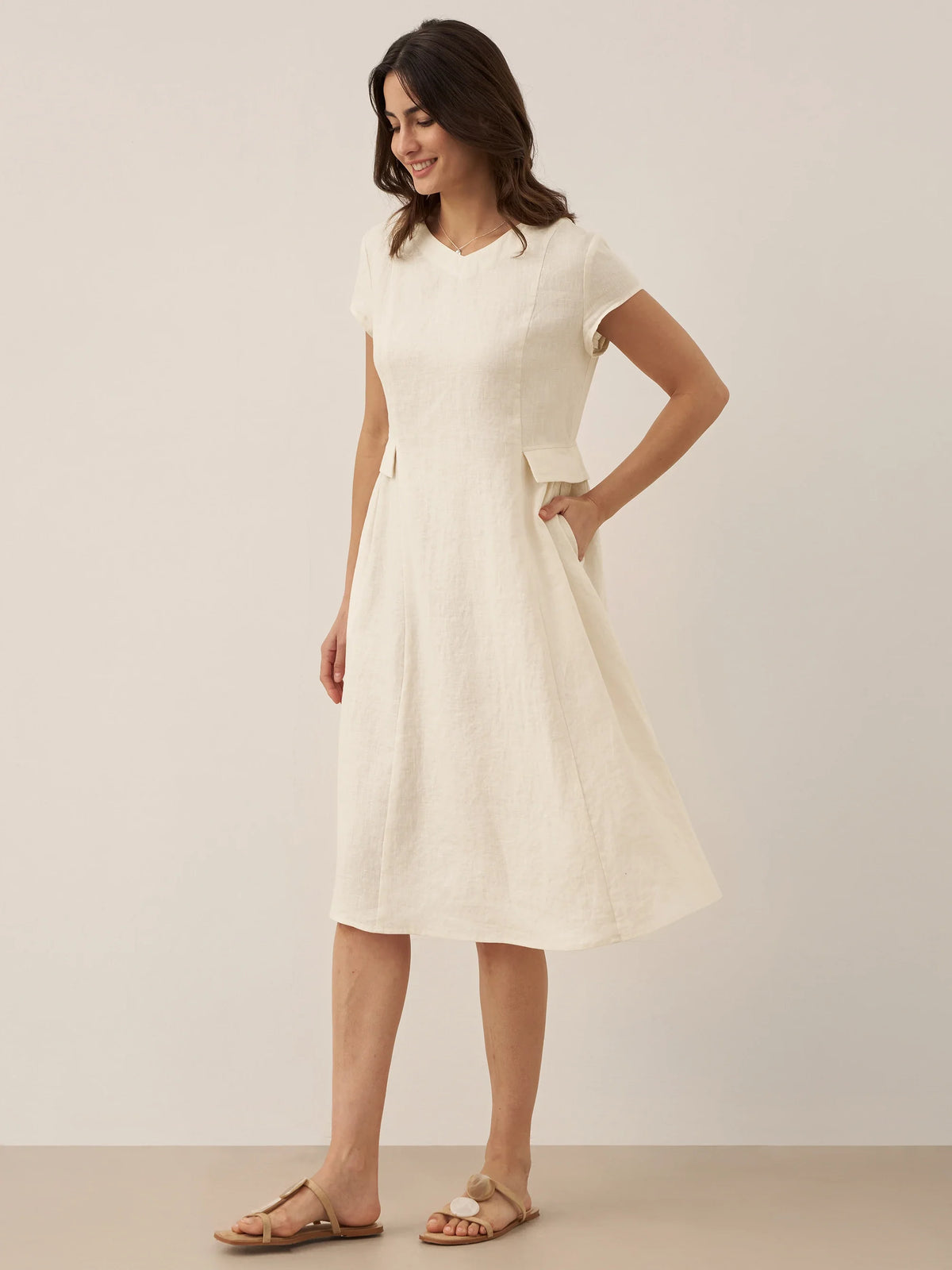 100% Linen Natural Summer V-Neck Dress ALEXA by LINTICO