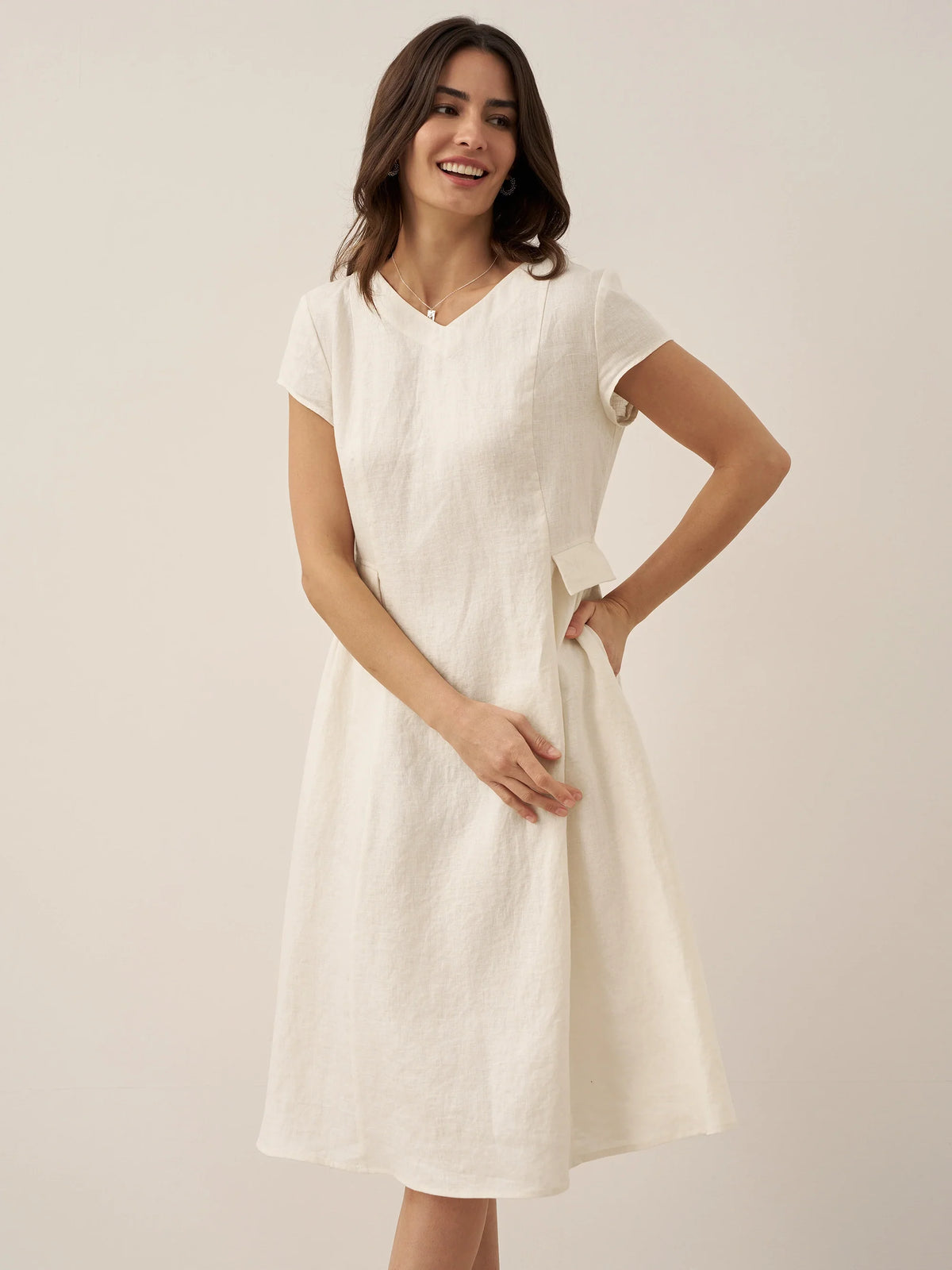 100% Linen Natural Summer V-Neck Dress ALEXA by LINTICO