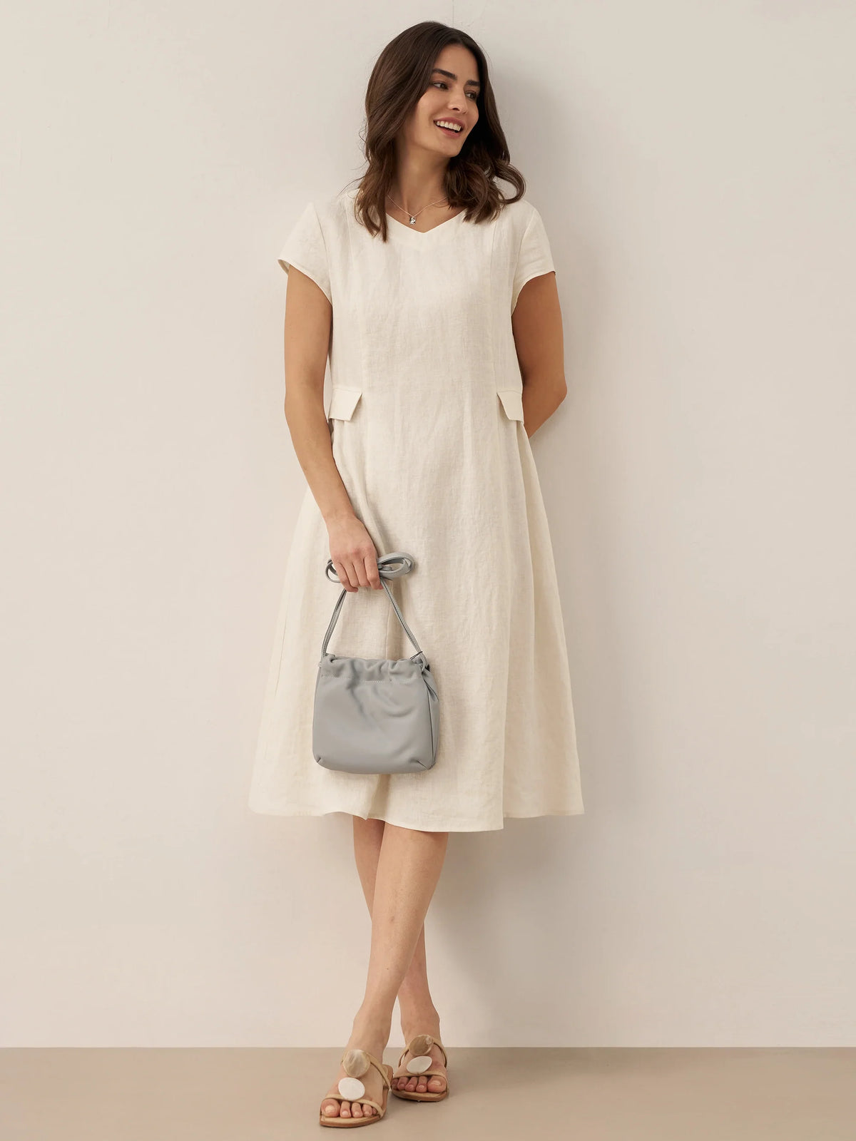 100% Linen Natural Summer V-Neck Dress ALEXA by LINTICO