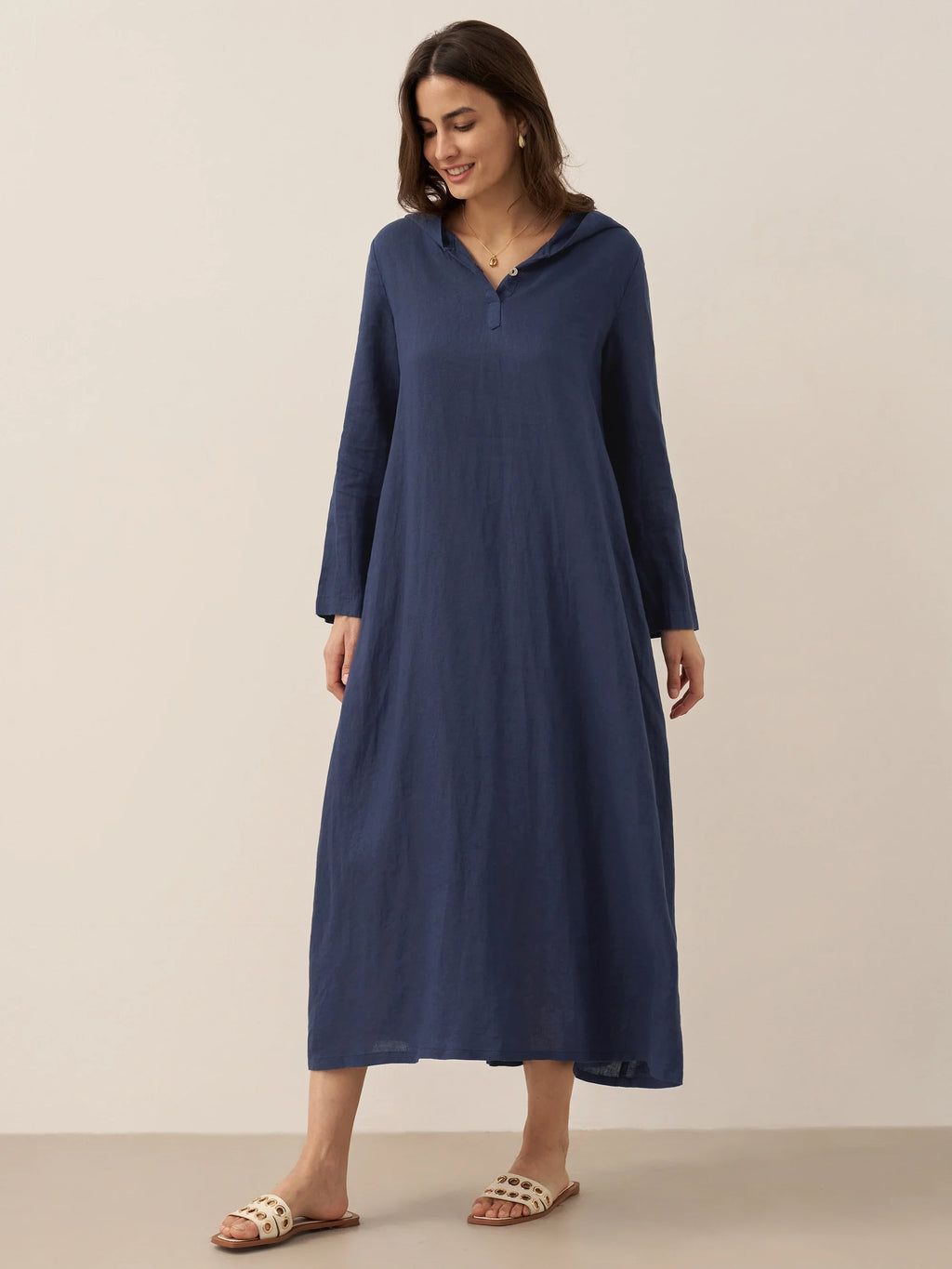100% Linen Hooded Pullover Maxi Dress REBECCA by LINTICO