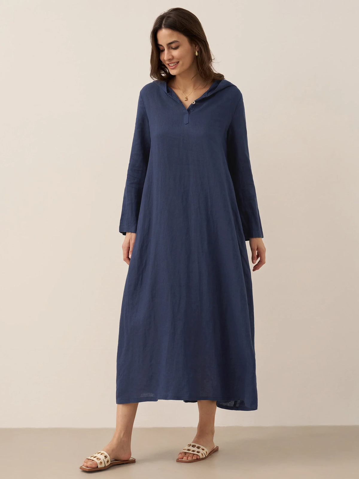 100% Linen Hooded Pullover Maxi Dress REBECCA by LINTICO