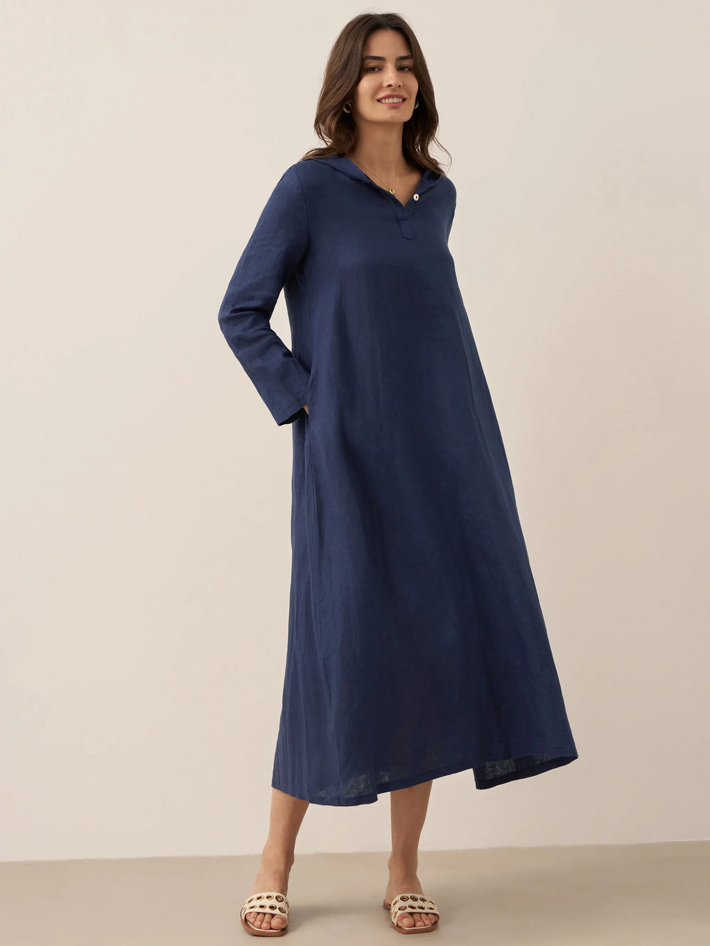 100% Linen Hooded Pullover Maxi Dress REBECCA by LINTICO