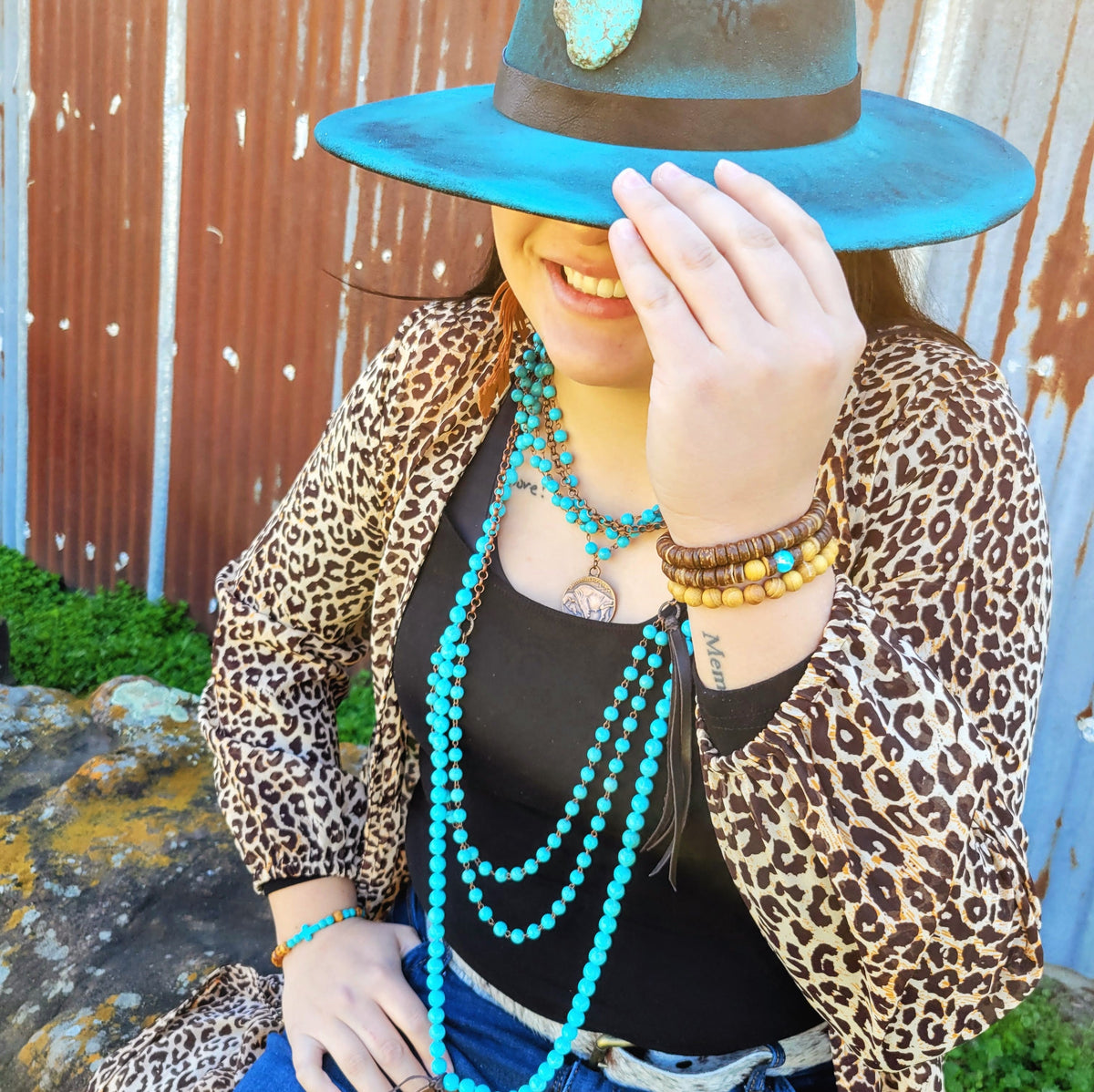 Blue Turquoise Collar-Length Necklace w/ Indian Buffalo Coin 114E by The Jewelry Junkie