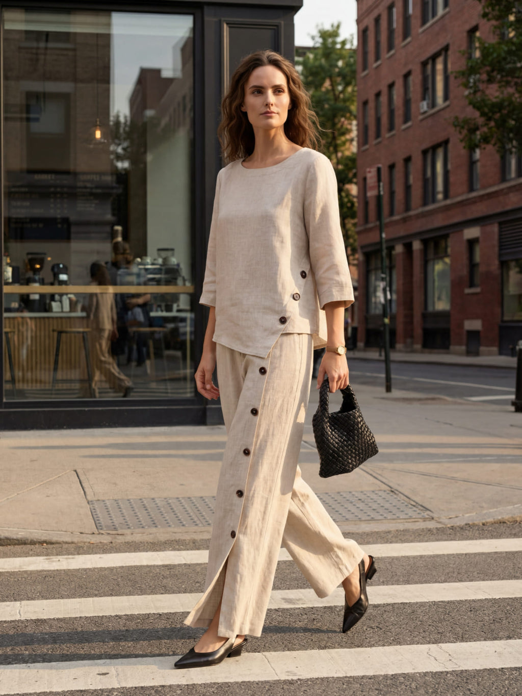 100% Linen Asymmetric-Hem Button-Trim Top NYLA by LINTICO