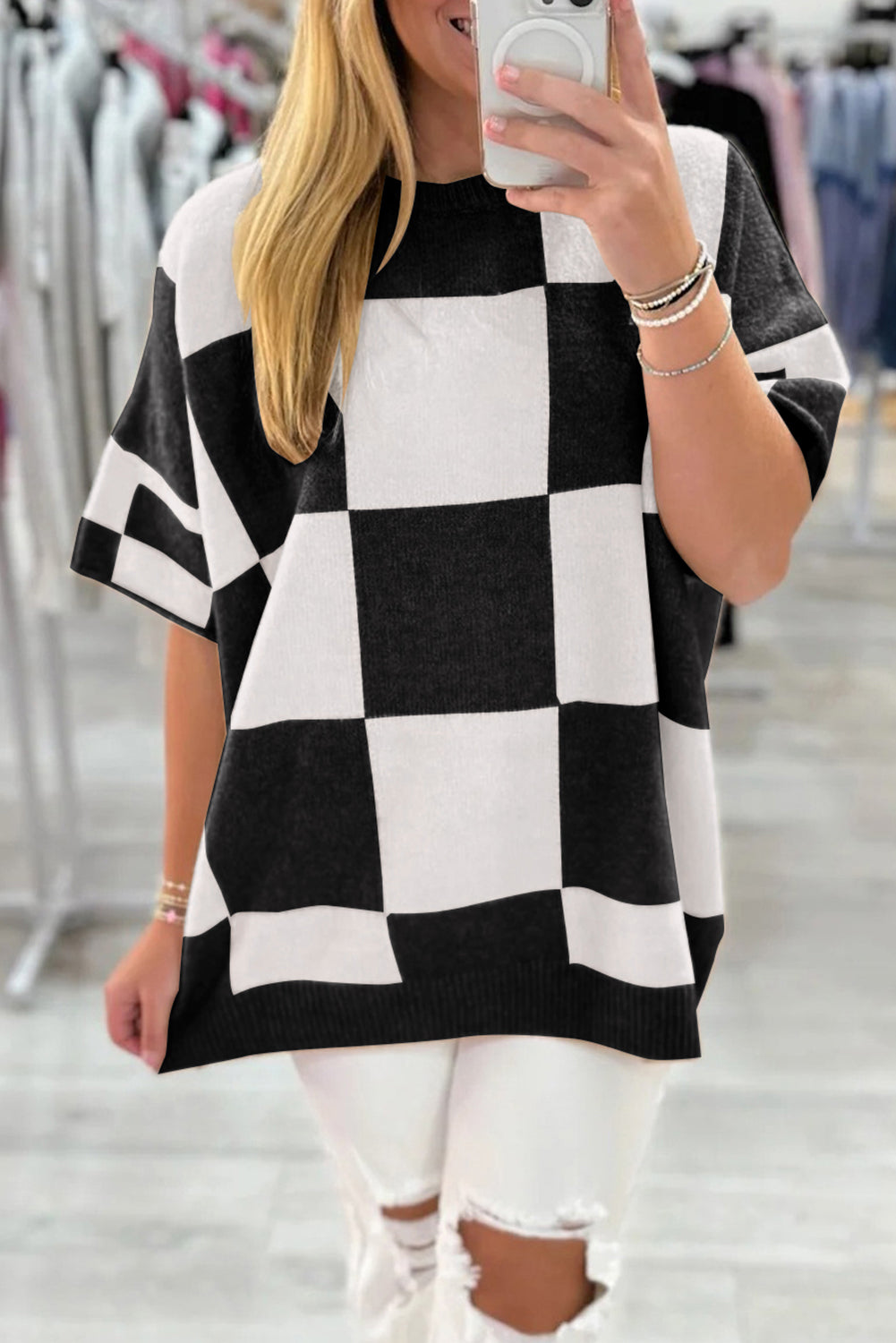 Light French Beige Checkered Pattern Loose Drop Shoulder Half Sleeve Sweater by Wild and Free Boutique