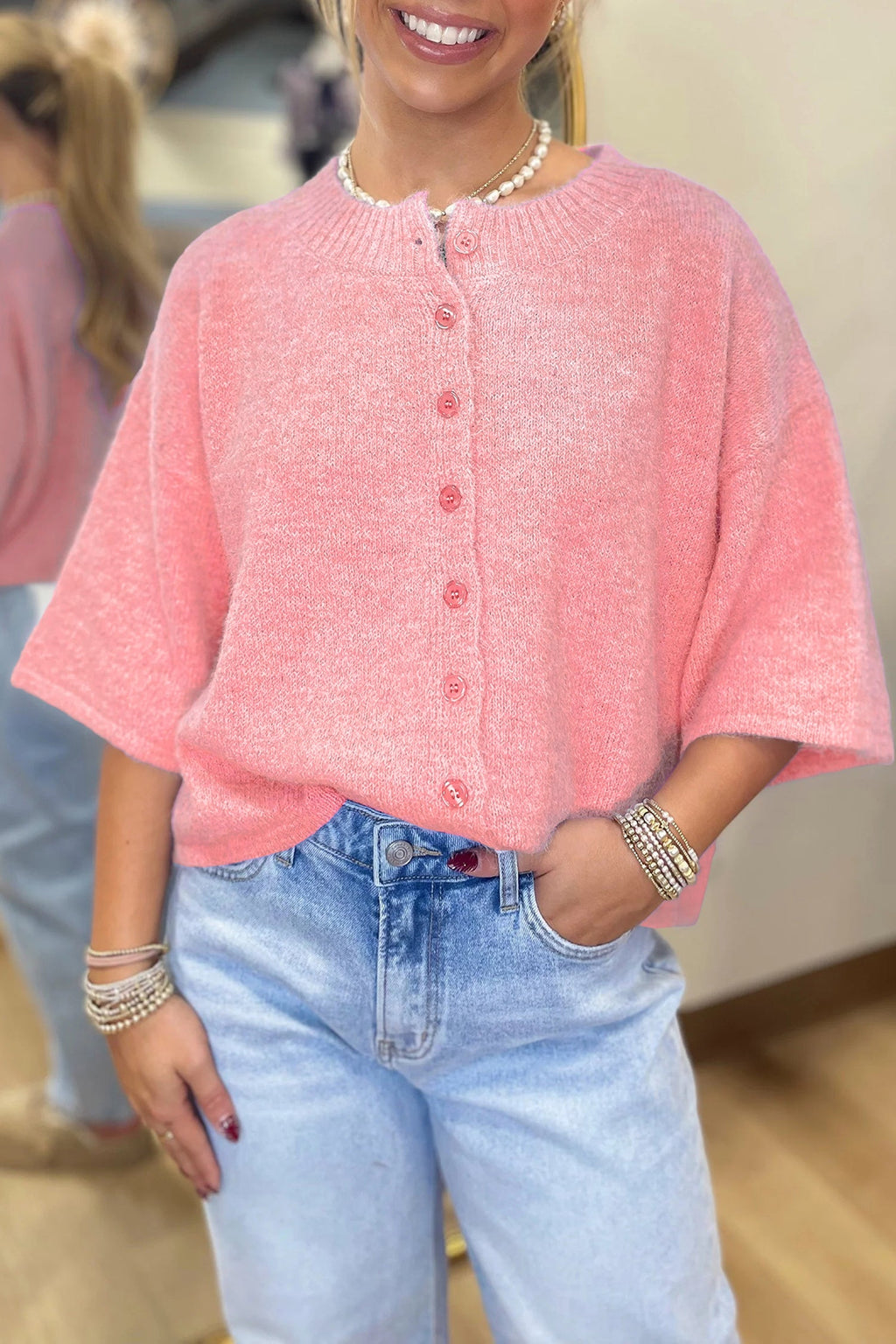 Beau Blue 3/4 Sleeve Boxy Knit Button Down Sweater Cardigan by Wild and Free Boutique