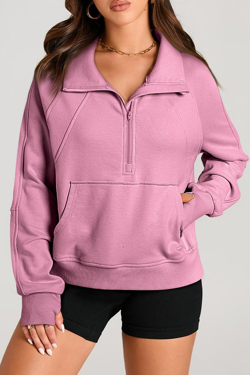 Smoke Green Quarter Zip Stand Neck Kangaroo Pocket Sweatshirt by Wild and Free Boutique