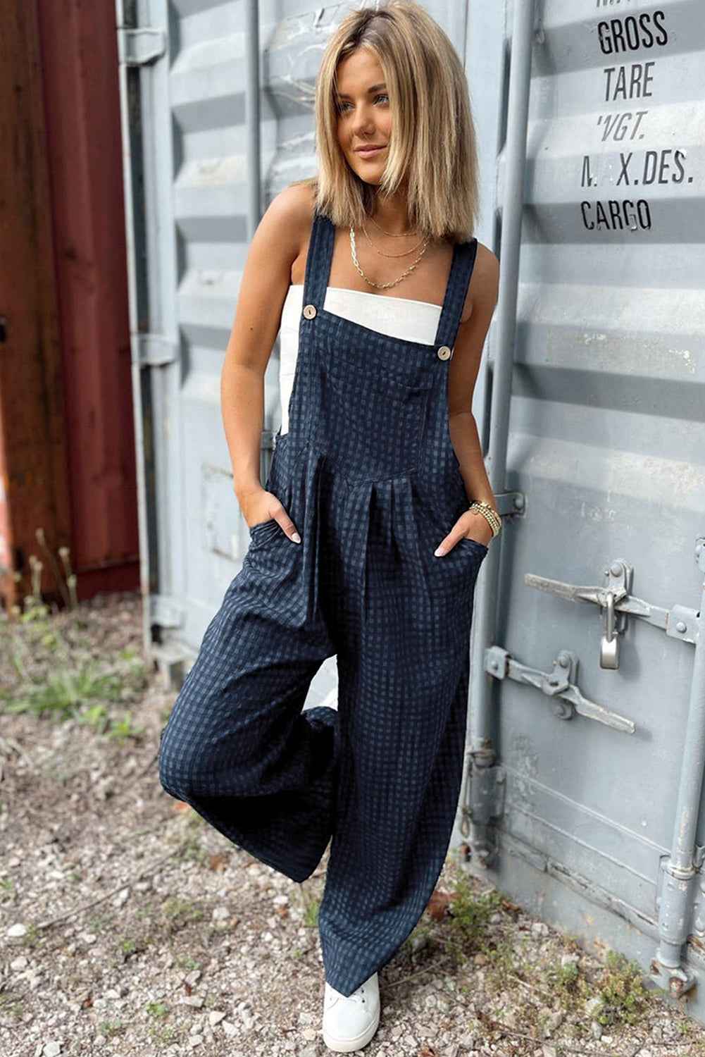 Sail Blue Plaid Print Buttoned Pocketed High Waist Overall by Wild and Free Boutique