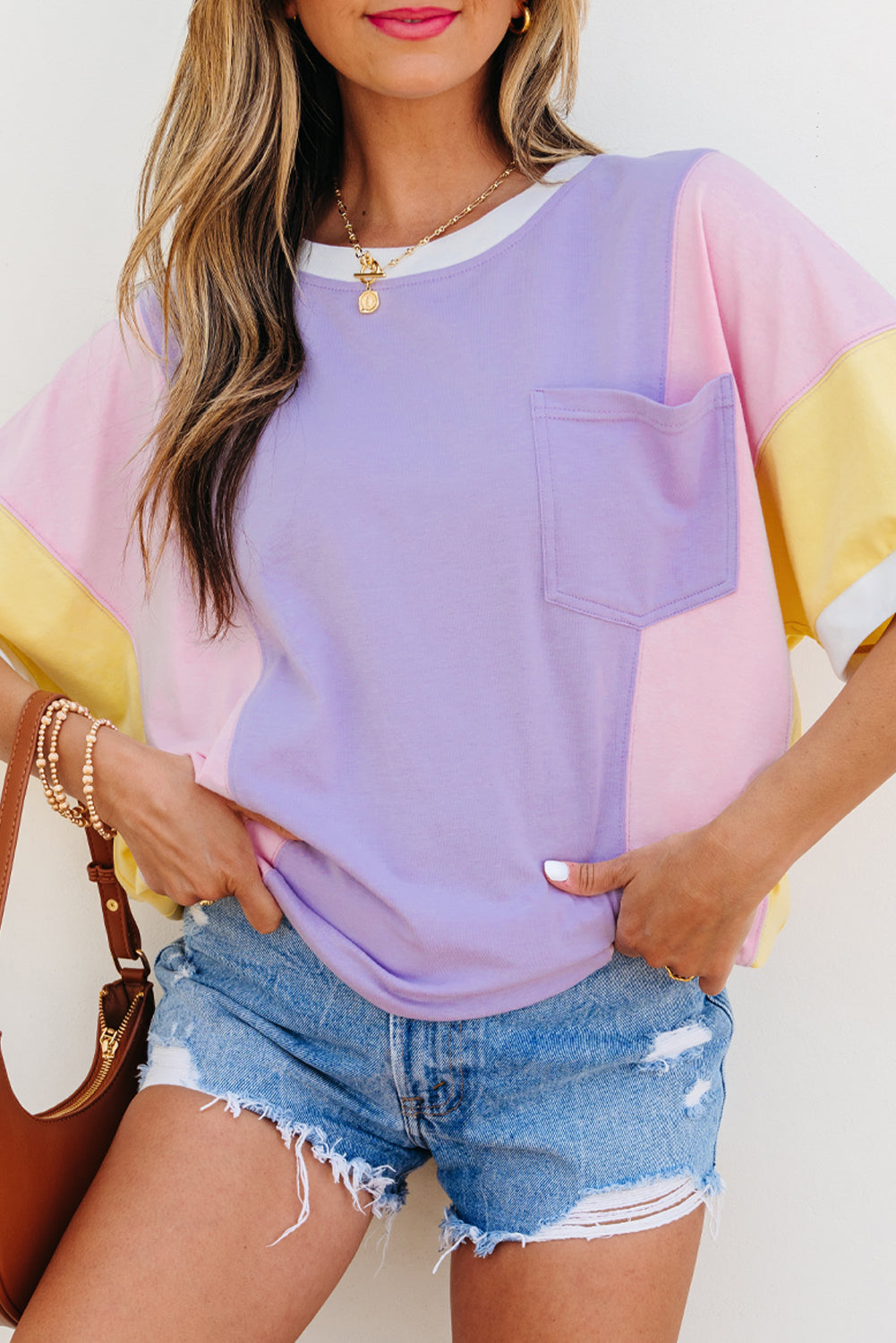 Purple Color Block Patchwork Half Sleeve Oversized T Shirt by Wild and Free Boutique
