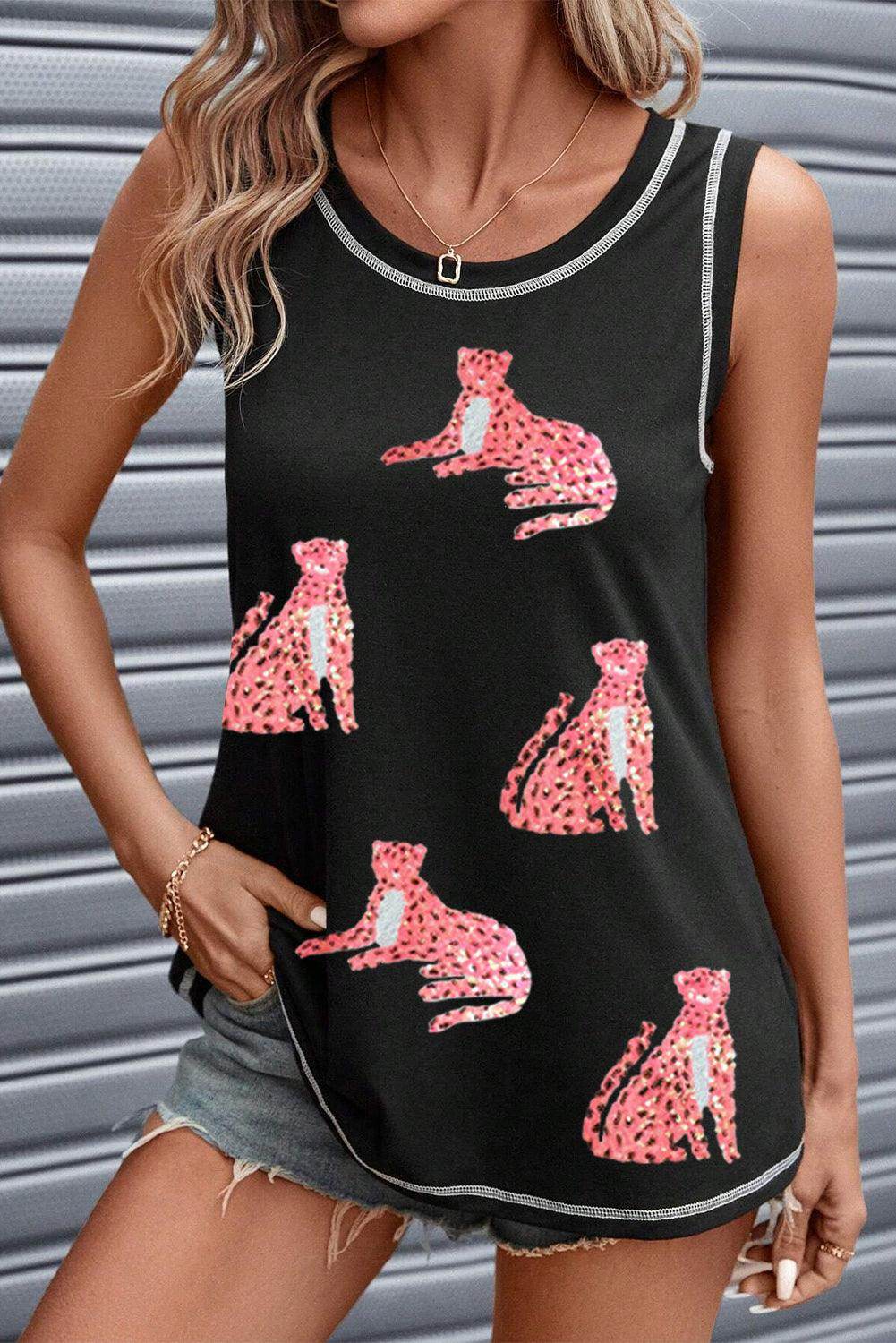 Leopard Round Neck Tank Top for Women with Stretch Fit by Selvanelle