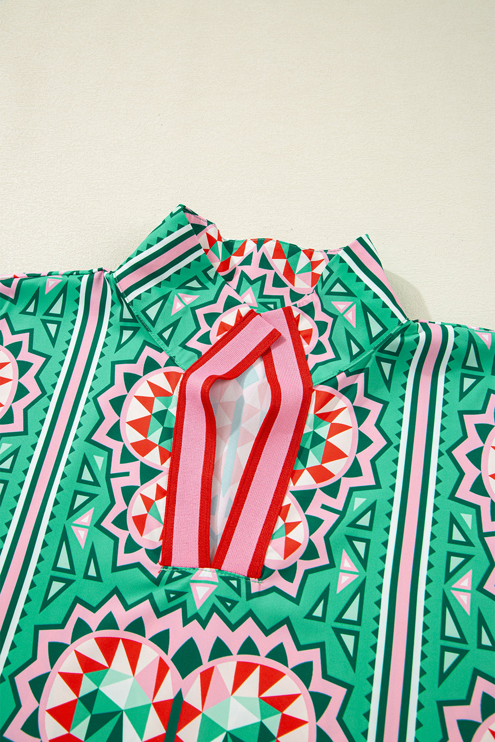 Sea Green Boho Abstract Print Contrast Striped Collared V Neck Blouse by Wild and Free Boutique