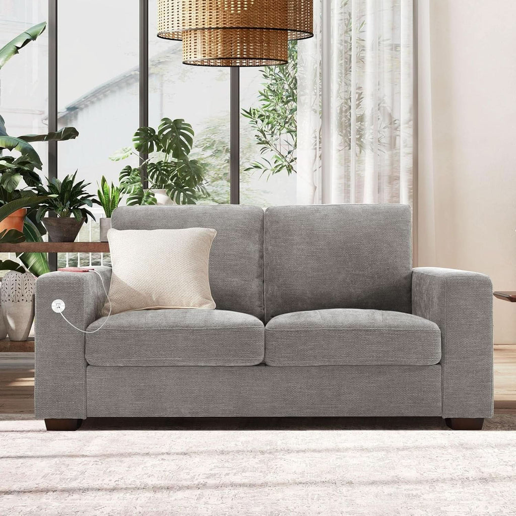 70 Inch Gray Chenille Loveseat With USB C Ports And Plush Cushions by ShipItFurniture