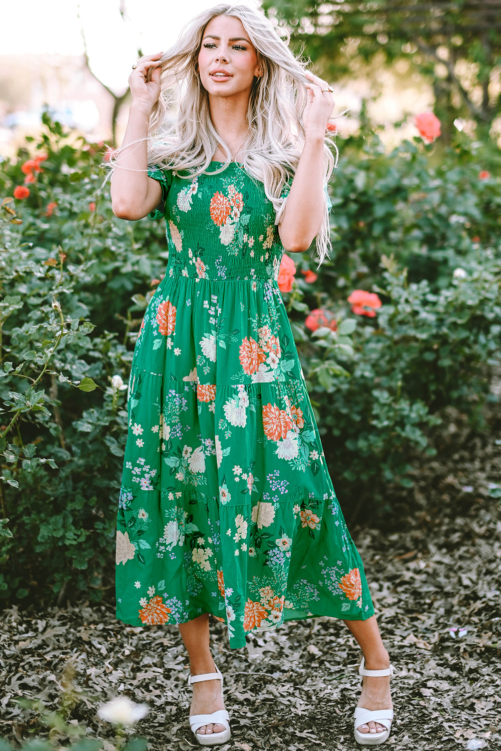 Green Floral Print Bubble Sleeve Smocked Tiered Midi Dress by Dear-Lover Dropshipping