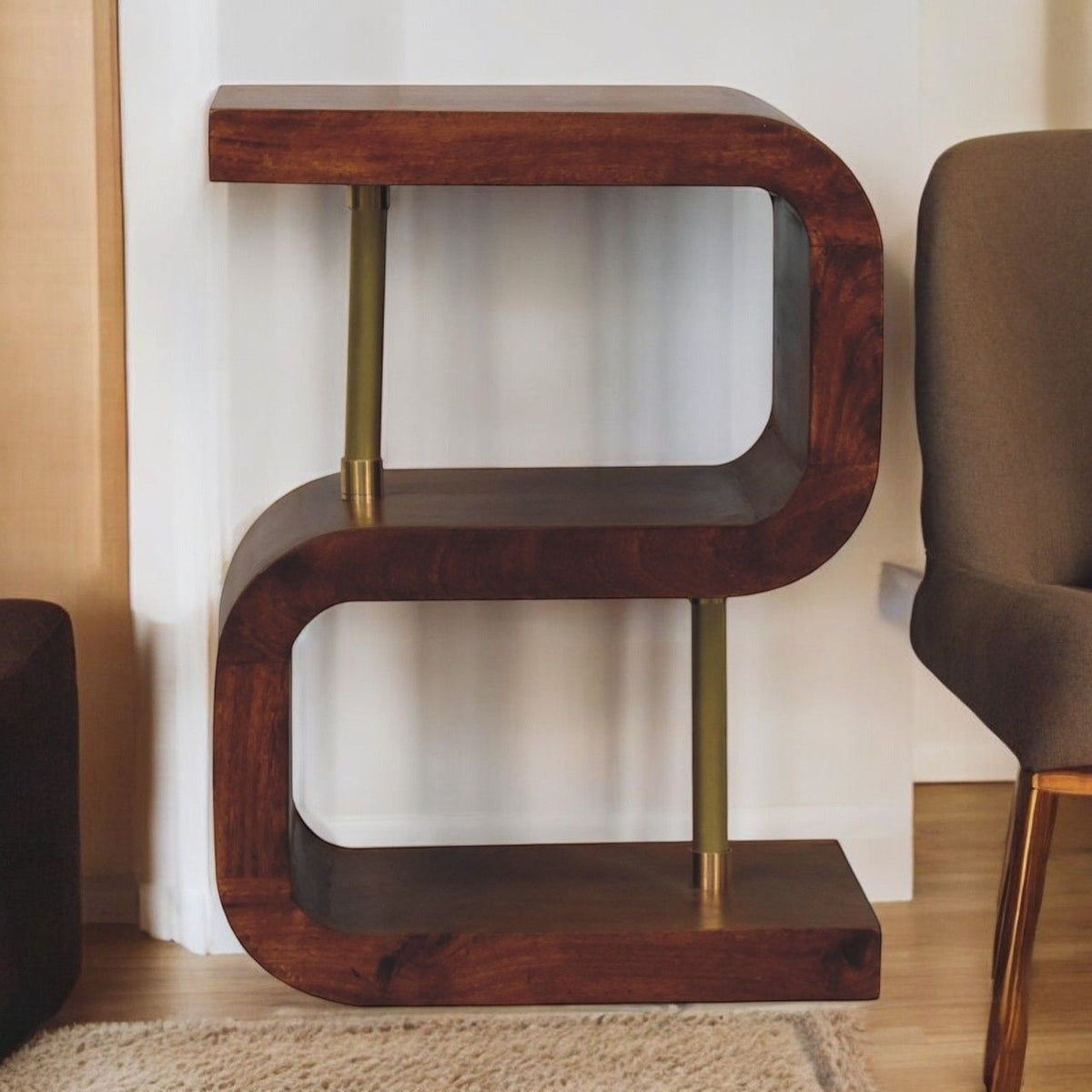 S Curve Brass Bedside Table - Dark Brown by Unique Piece Furniture