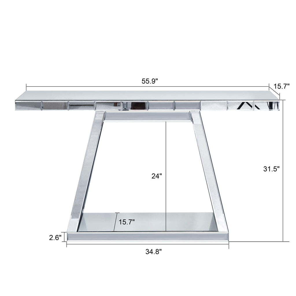 Modern Luxe Full Body Mirror Entryway Table With Trapezoid Base, 360° Reflective Console, Scratch Resistant, Open Storage - Silver by Unique Piece Furniture