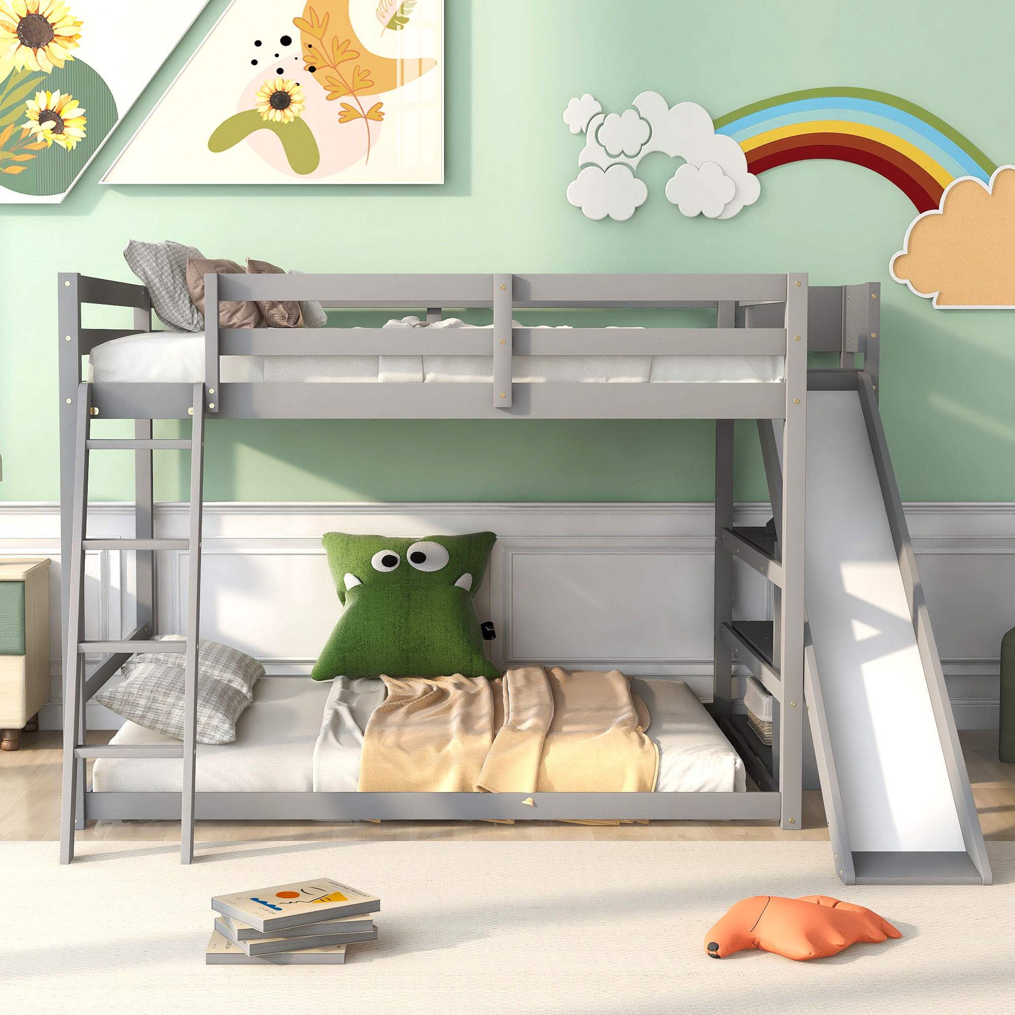 Bunk Bed With Ladder, Slide, And Shelves Pine Wood by Unique Piece Furniture