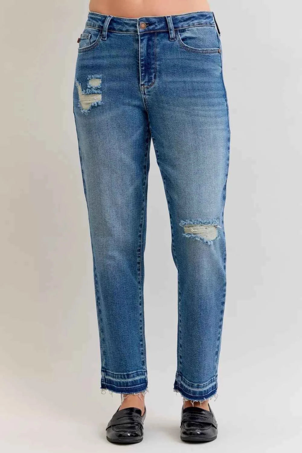 Judy Blue Full Size Mid Rise Bf Patch & Repair Destroy Release Hem Jeans Plus Size by Wild and Free Boutique