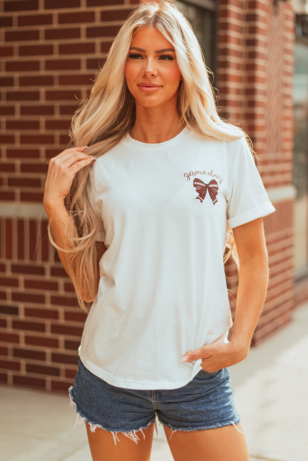 White Game Day Bowknot Embroidered Graphic Casual Tee by Wild and Free Boutique